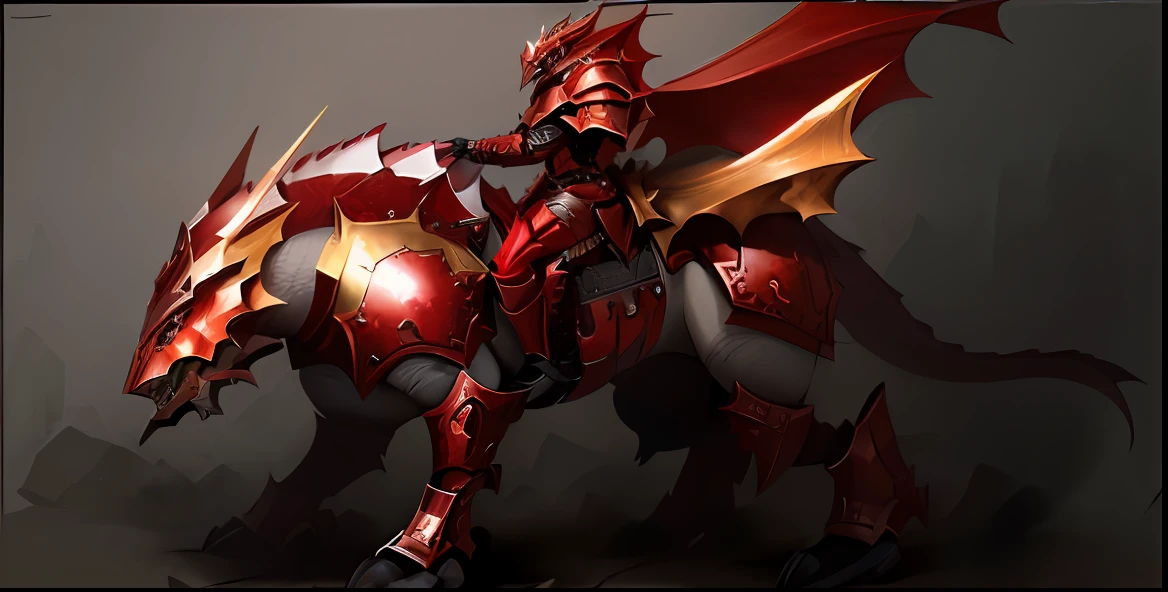 A closeup of a red and golden dragon with a sword, red demon armor, cavaleiro blindado em vermelho, armadura vermelha de sangue, armadura vermelha, Dragon Knight, armadura pesada carmesim, dragon ancient full plate armor, Ogro vermelho montado em um cavalo, armadura pesada vermelha, dragon inspired armor, draconic looking armor, Armadura Vermelha de Alta Tecnologia, cavaleiro de sangue, Dragon armor