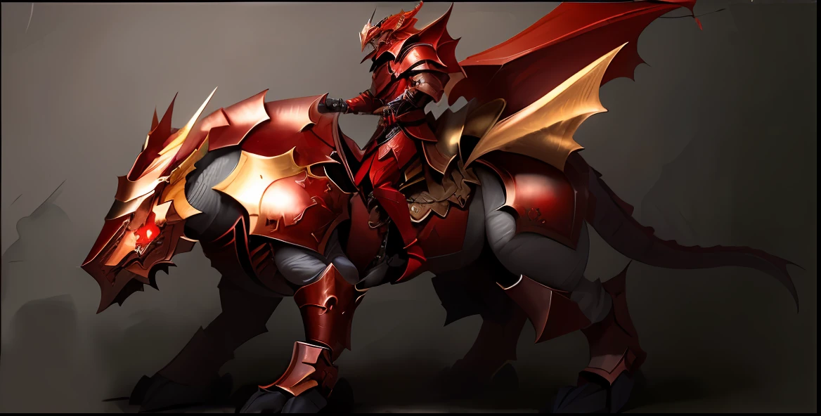 A closeup of a red and golden dragon with a sword, red demon armor, cavaleiro blindado em vermelho, armadura vermelha de sangue, armadura vermelha, Dragon Knight, armadura pesada carmesim, dragon ancient full plate armor, Ogro vermelho montado em um cavalo, armadura pesada vermelha, dragon inspired armor, draconic looking armor, Armadura Vermelha de Alta Tecnologia, cavaleiro de sangue, Dragon armor