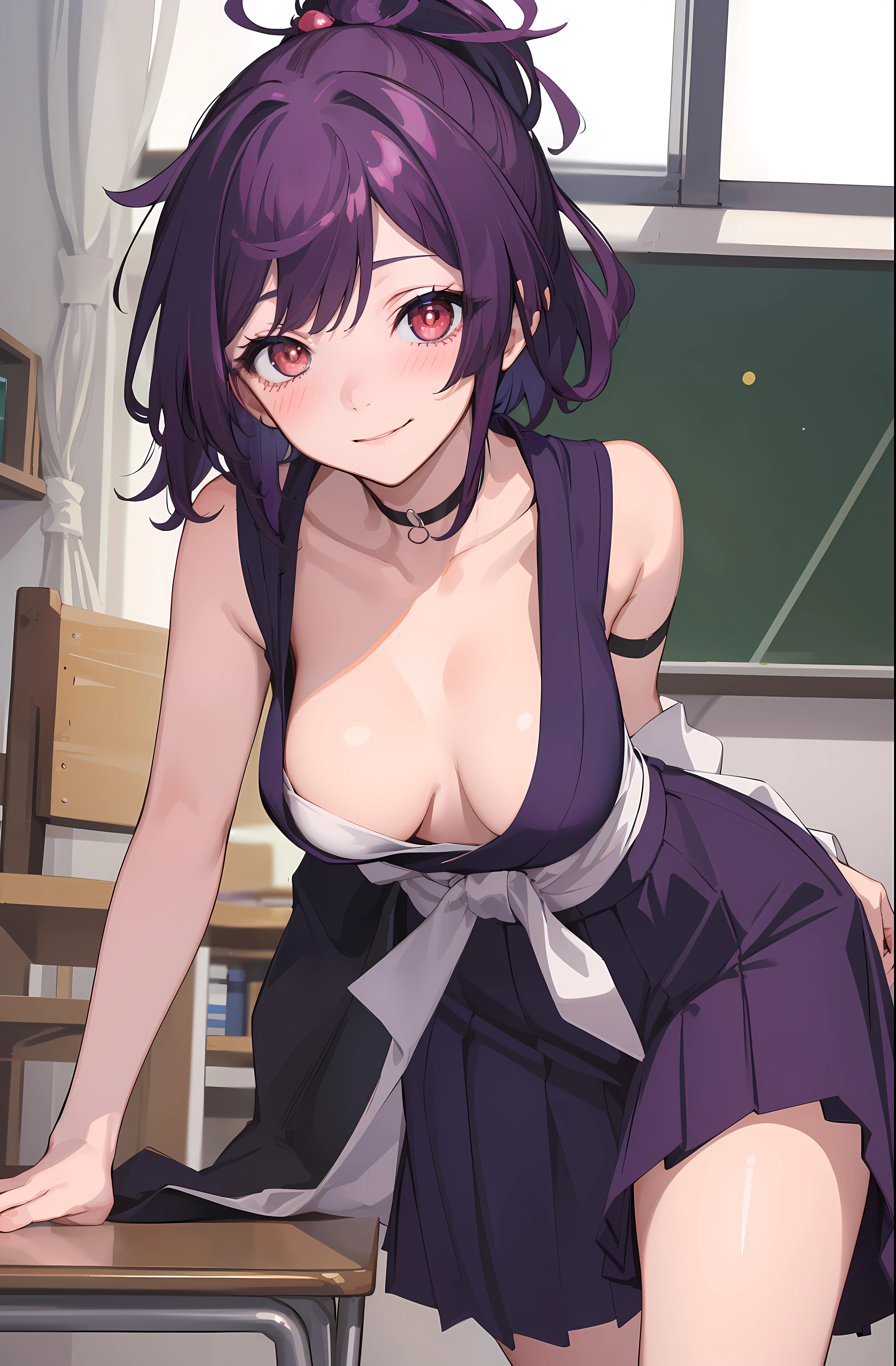 (1girl, solo), best quality, masterpiece, (leaning over:1.4), 1girl, yuzuriha_(jigokuraku), purple hair, brown eyes, cleavage, small breasts, topknot, medium hair, breasts apart, seductive smile, (blush:1.1), japanese exterior, classroom, beautiful pose, (school outfit),
