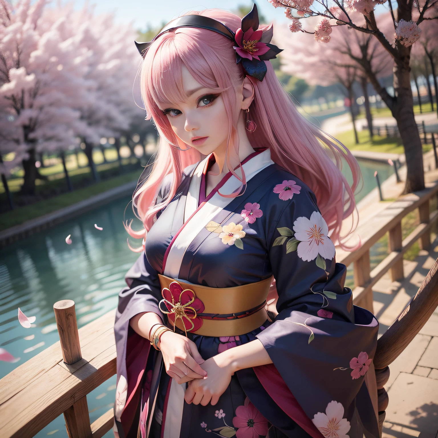 arafed mulher com cabelo rosa e comprido, hair fluttering, sentado em um banco perto de um lago, anime menina cosplay, , anime cosplay, sedutora anime girl, usando um kimono com um decote no busto, bela mulher anime sedutora, cosplay, deusa japonesa, deusa anime, menina anime bonita, menina anime na vida real, sakura haruno, anime inspirado, bela mulher anime, Sakura petals around you, mulher anime, menina anime