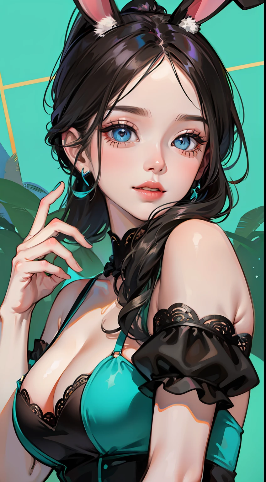 Adult woman, Long black hair, high ponytail, bunny ears, turquoise eyes, Black tight top, ssmile, Masterpiece, hiquality