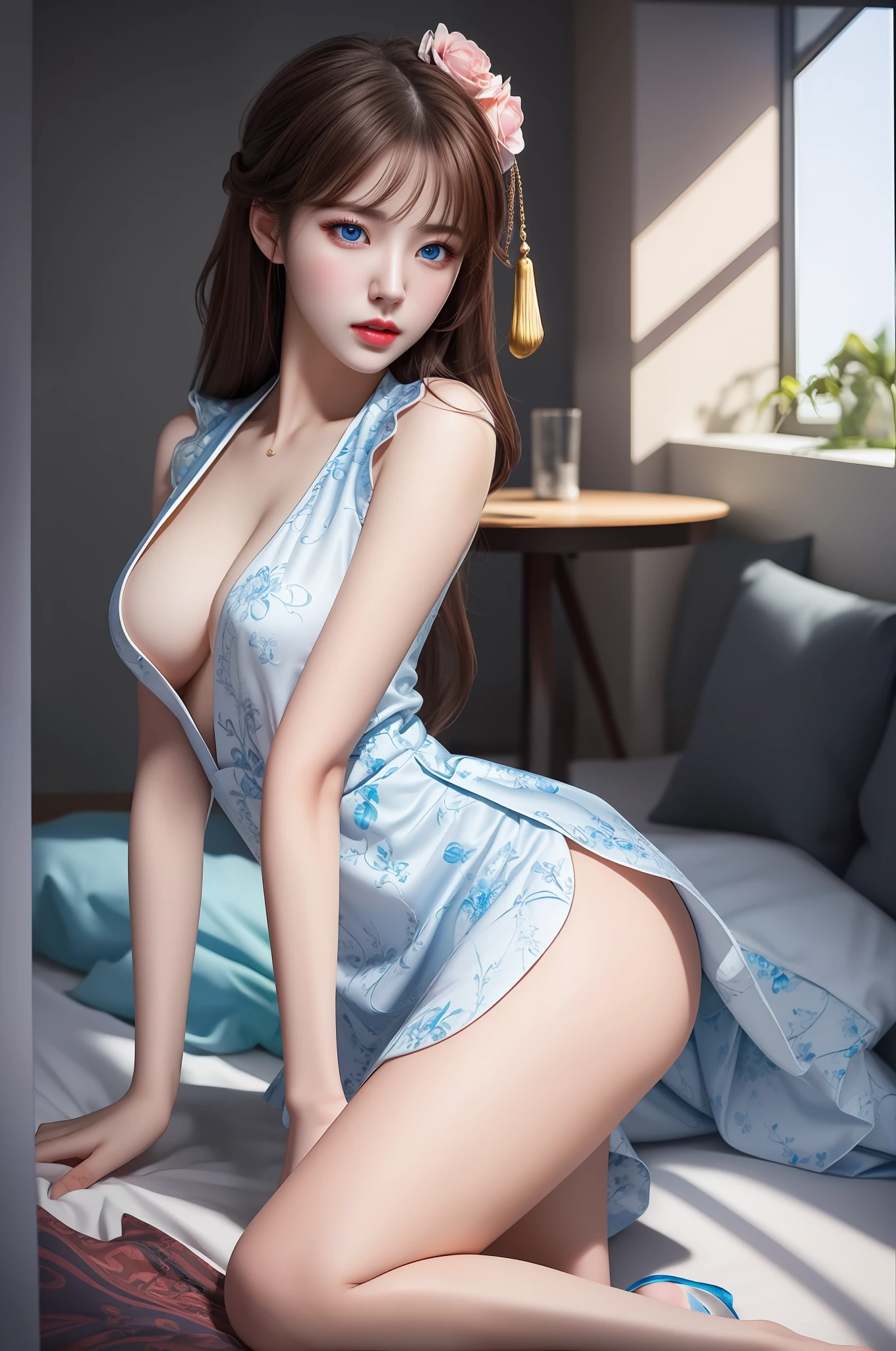 (hyperrealistic), (illustration), (high resolution), (8K), (extremely detailed), (best illustration), (beautiful detailed eyes), (best quality), (ultra-detailed), (masterpiece), (wallpaper), (photorealistic:1.4), (natural light), (rim lighting), (detailed face), high detailed realistic skin texture, anatomically correct, solo, 1 girl, (high detailed realistic long hair:1.25), (beautiful Rosy Zhao:1.5), (beautiful cute European girl:1.7), heterochromic eyes, (detailed blue eyes), small moles under the eyes, (big breasts:1.5), long legs, tight abs, dynamic pose,