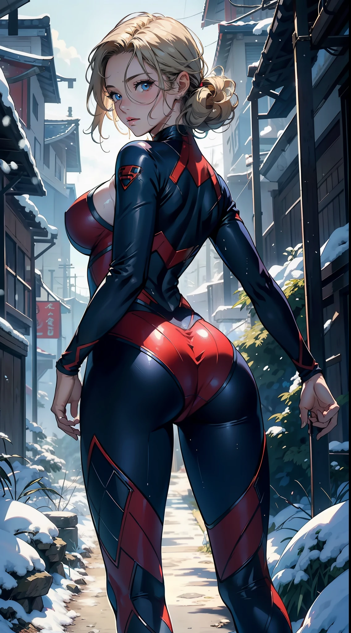 1female,45 yers old,Large breasts, 独奏,(Background with:coniferous forest,at winter season,Snow on the ground) She has short blonde hair, standing on your feet,Sweat profusely,drenched all over the body,From the front side, curlies, mostly cloudy sky,(((tmasterpiece),(Very detailed CG unity 8K wallpaper),best qualtiy,cinmatic lighting,detailed back ground,beatiful detailed eyes,Bright pupils,(Very fine and beautiful),(Beautiful and detailed eye description),ultra - detailed,tmasterpiece,)),facing at camera,A high resolution,ultra - detailed),Beautiful leg stockings,Supergirl,tightsuit