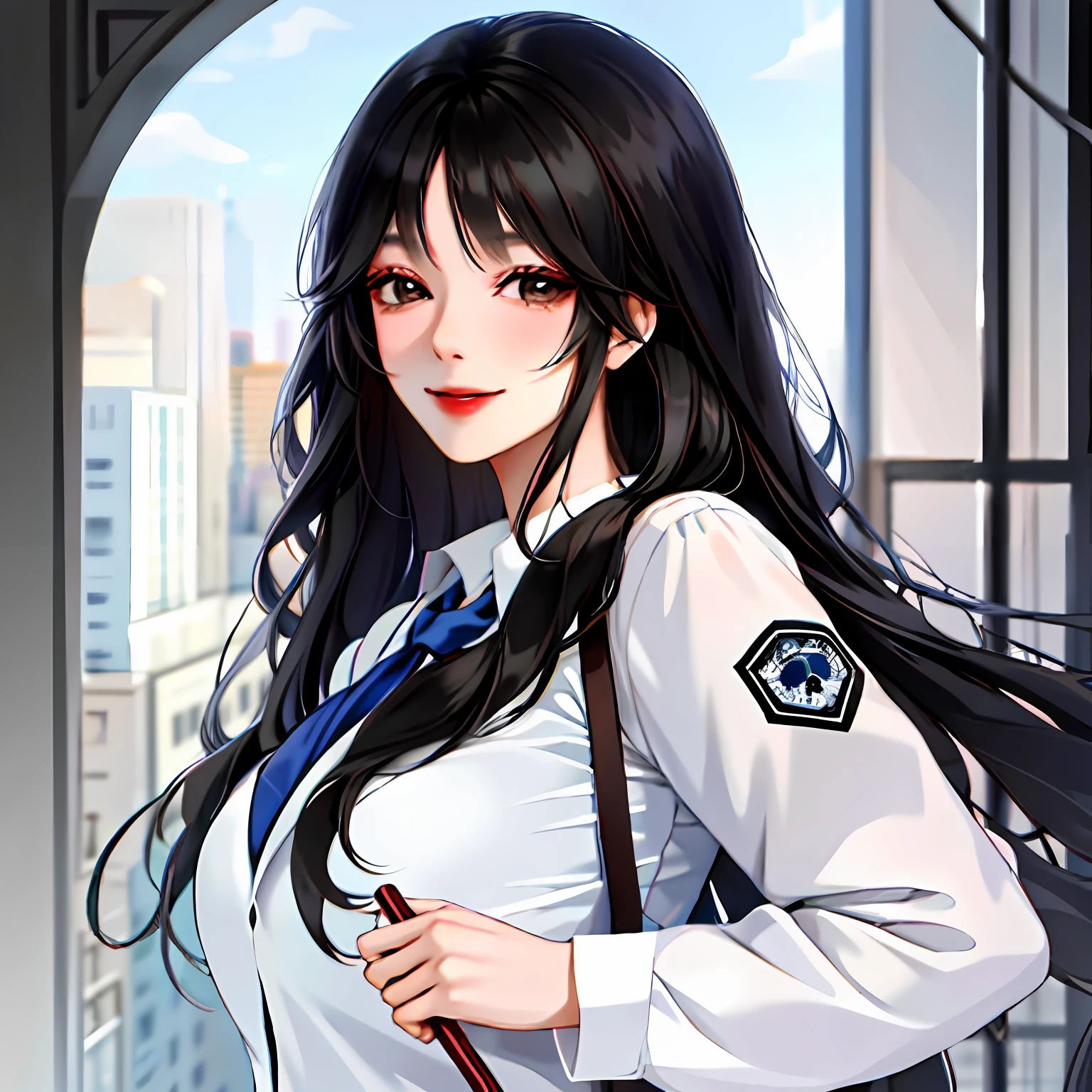 "Beautiful girl with a charming smile, black hair cascading down her back, delicate facial features, long eyelashes, wearing a stylish JK uniform, exuding an aura of purity and innocence."