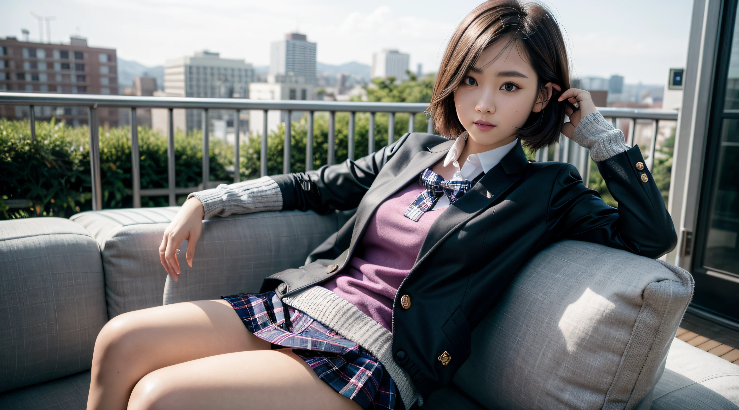 (realistic:1.3), finely detailed, quality, rembrandt lighting, (masterpiece:1.2), (photorealistic:1.2), (best quality), (detailed skin:1.3), (intricate details), dramatic, ray tracing, 1girl, japanese girl, smiling, short hair, bangs hair, 21 years old, (small breasts:1.2), shirt, ribbon, school uniform, jacket, white shirt, open clothes, socks, open jacket, black jacket, plaid, kneehighs, plaid skirt, blazer, cardigan, black socks, pink cardigan, sobu high school uniform, BREAK outdoors, city, looking at viewer,
