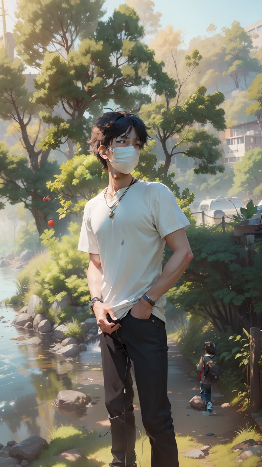boy, apple, bag, bangs, berry, black hair, black shirt, blue eyes, hair between eyes, jewelry, leaf, looking at viewer, male focus, necklace, pants, shirt, solo, watch, white pants, wristwatch, messy hair, trending on artstation, 8k resolution, highly detailed, anatomically correct, sharp image, digital painting, concept art, trending on pixiv, style of makoto shinkai,