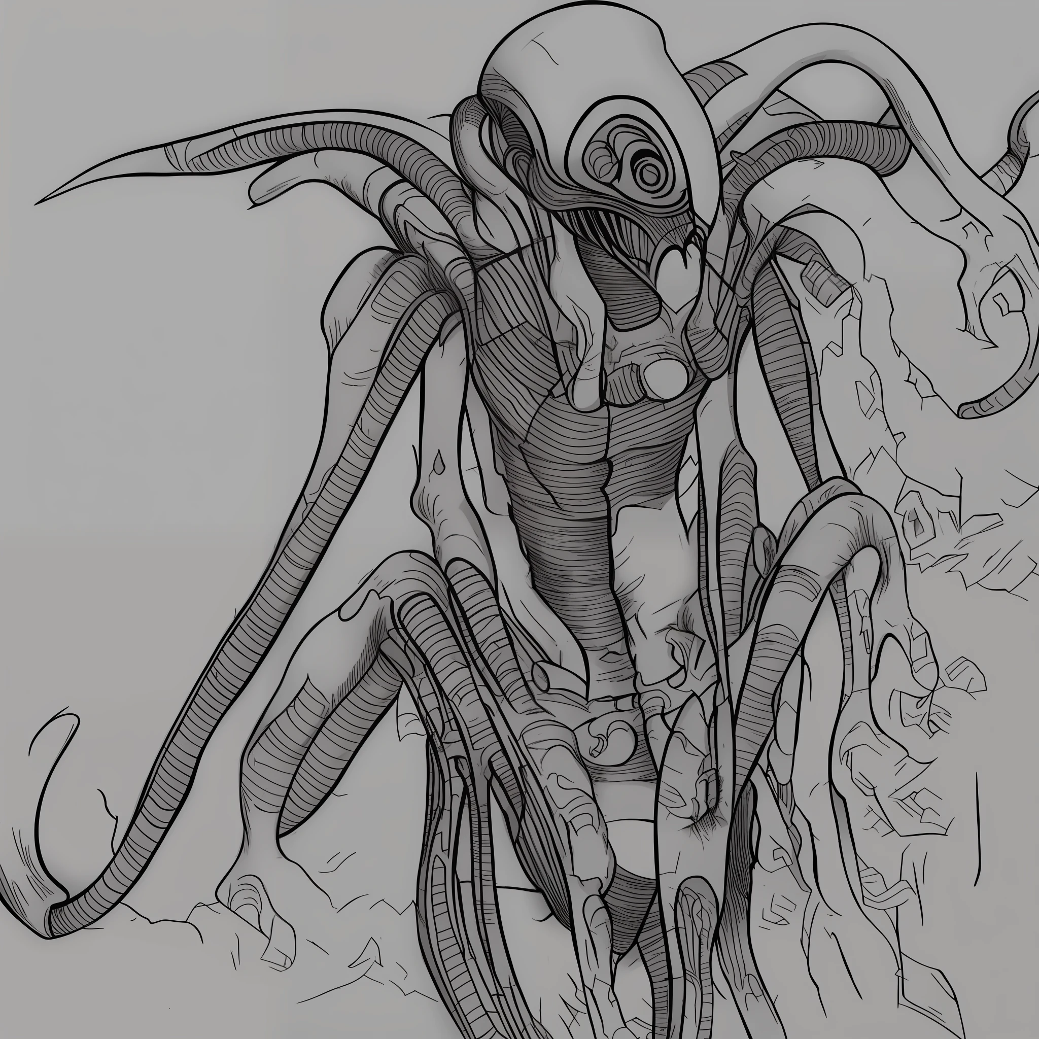 Half-human alien with pieces of his body detaching from the body corrupted by black magic of purple color comic style drawing