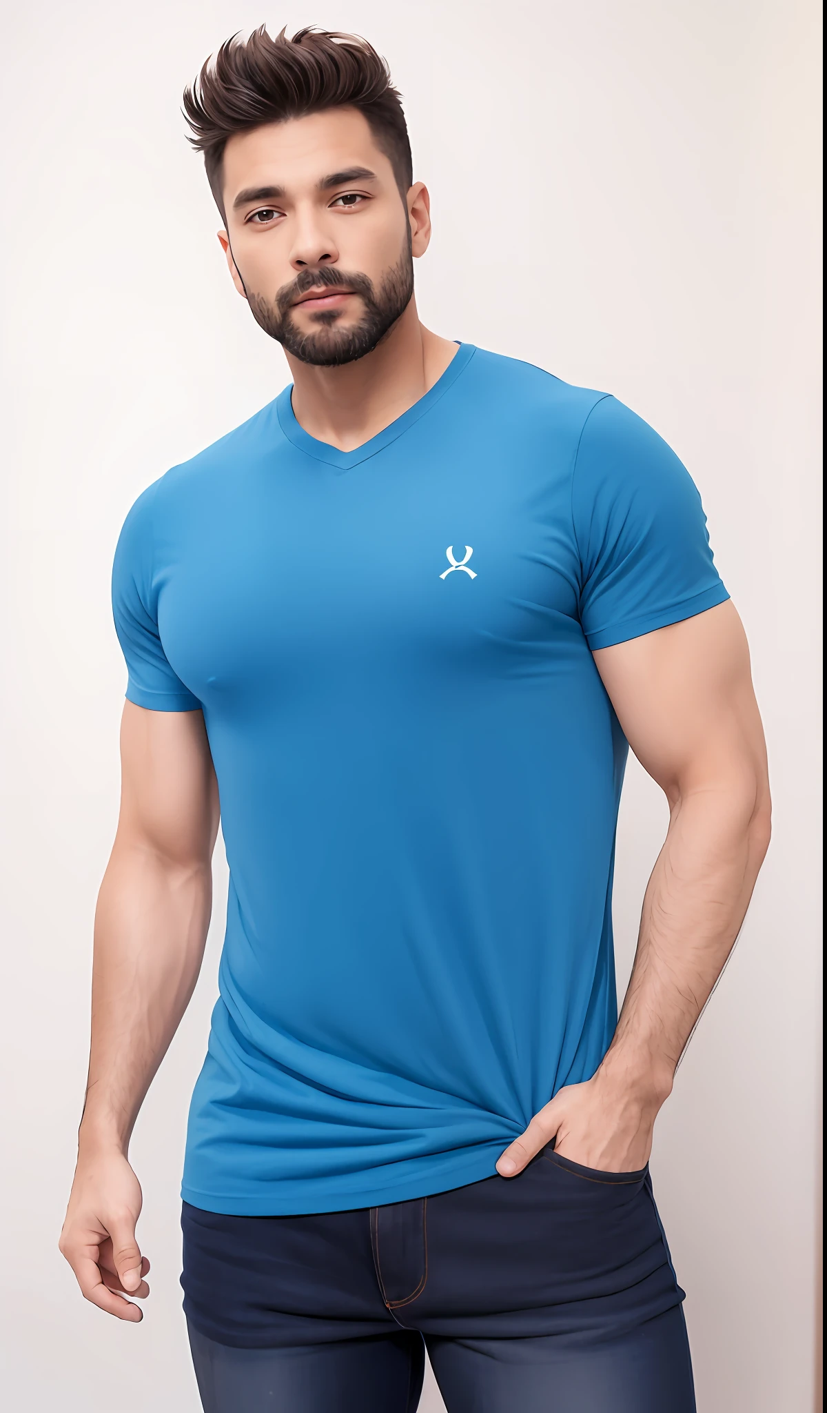 um homem magro de camisa azul e bermuda preta posando para uma foto, tshirt azul apertada, vestindo uma camisa azul clara, vestindo uma camiseta, vestindo uma camiseta muscular, camisa azul, vestindo bermuda e camiseta, vestindo uma camisa clara, vestindo camiseta e combates, vestindo camisa apertada, T - Camisa, camiseta