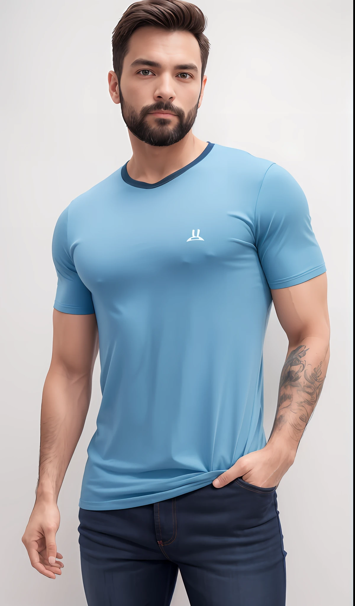 um homem magro de camisa azul e bermuda preta posando para uma foto, tshirt azul apertada, vestindo uma camisa azul clara, vestindo uma camiseta, vestindo uma camiseta muscular, camisa azul, vestindo bermuda e camiseta, vestindo uma camisa clara, vestindo camiseta e combates, vestindo camisa apertada, T - Camisa, camiseta