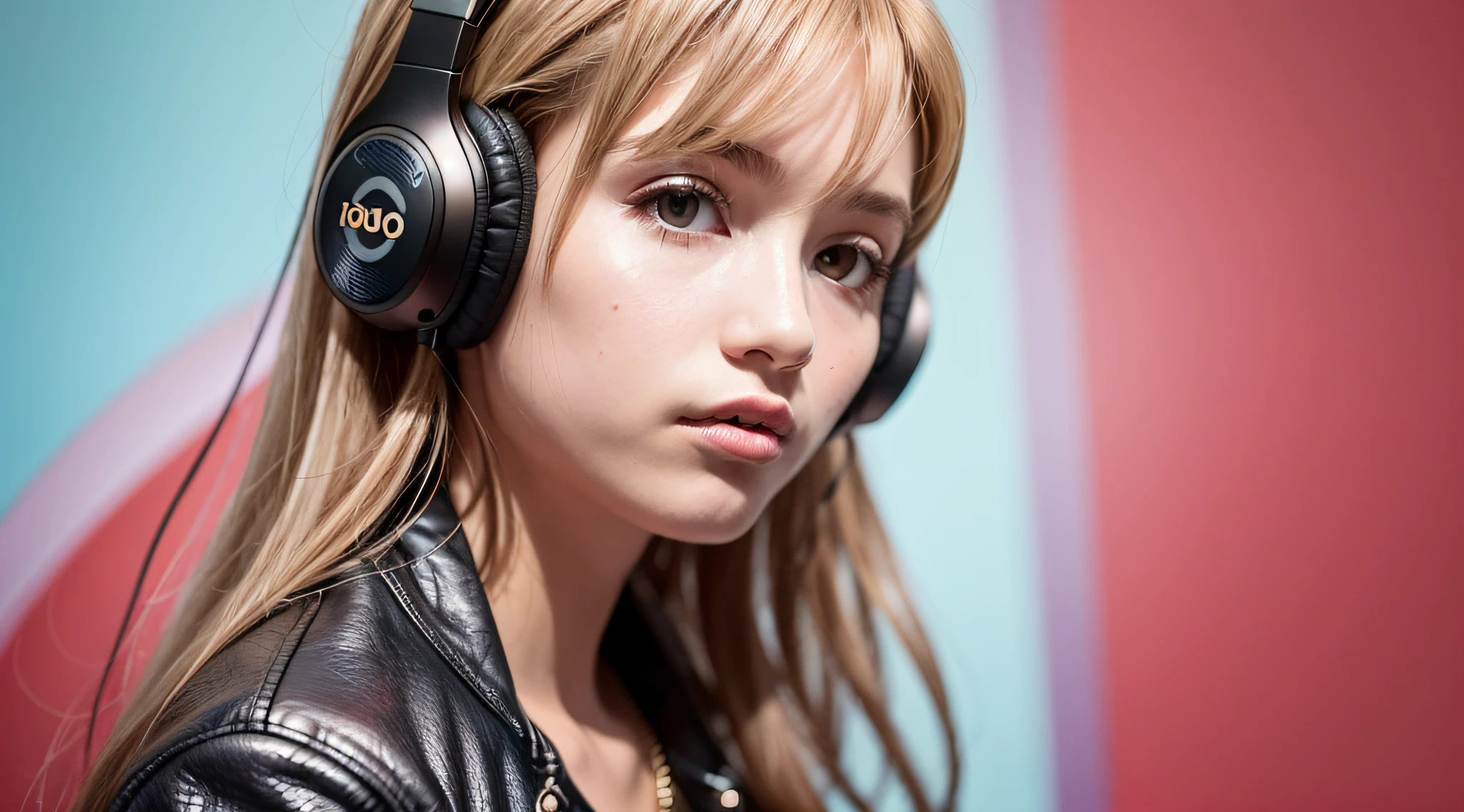 GIRL child , RUSSIAN BLONDE long hair and headphones, portrait, SILVER LEATHER JACKET, VINYL AND CDS red background.