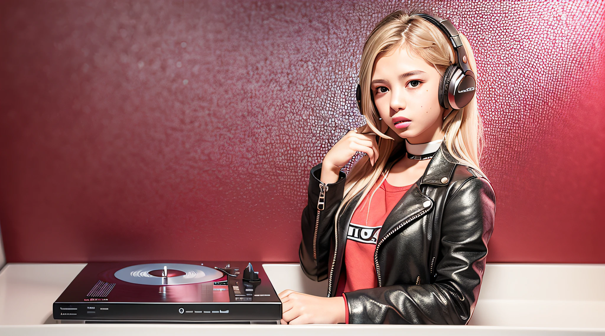 GIRL child 12 years old, RUSSIAN BLONDE long hair and headphones, portrait, SILVER LEATHER JACKET, VINYL AND CDS red background.