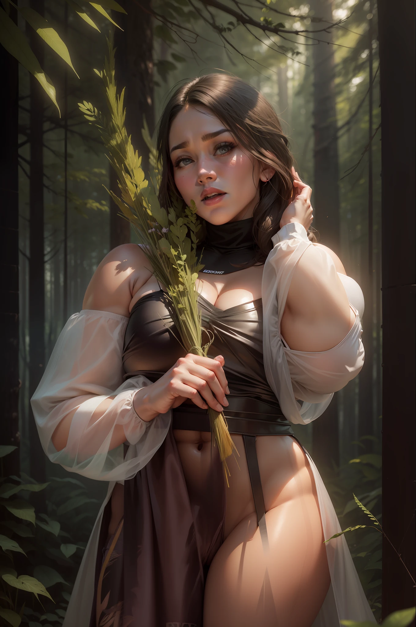 Girl in the forest, realistic face bodybuilder girl. Big cheat. Big breast hot bikini. Ass fat