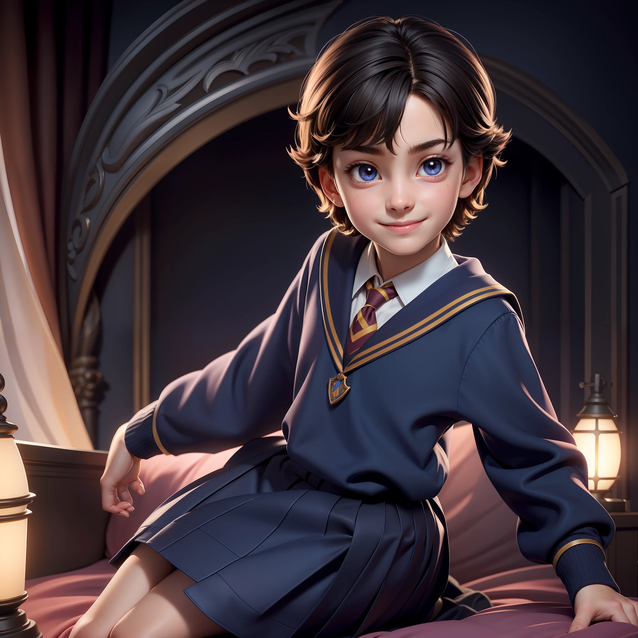 ***, 1boy, child, solo, Harry Potter, full body, solo, school uniform, beautiful face highly detailed and eyes, beautiful skin, bed room, shiney solar lighting, ***, 1girl, child, solo, Harry Potter, school uniform, beautiful skin, smile perfect anatomy, shiney solar lighting