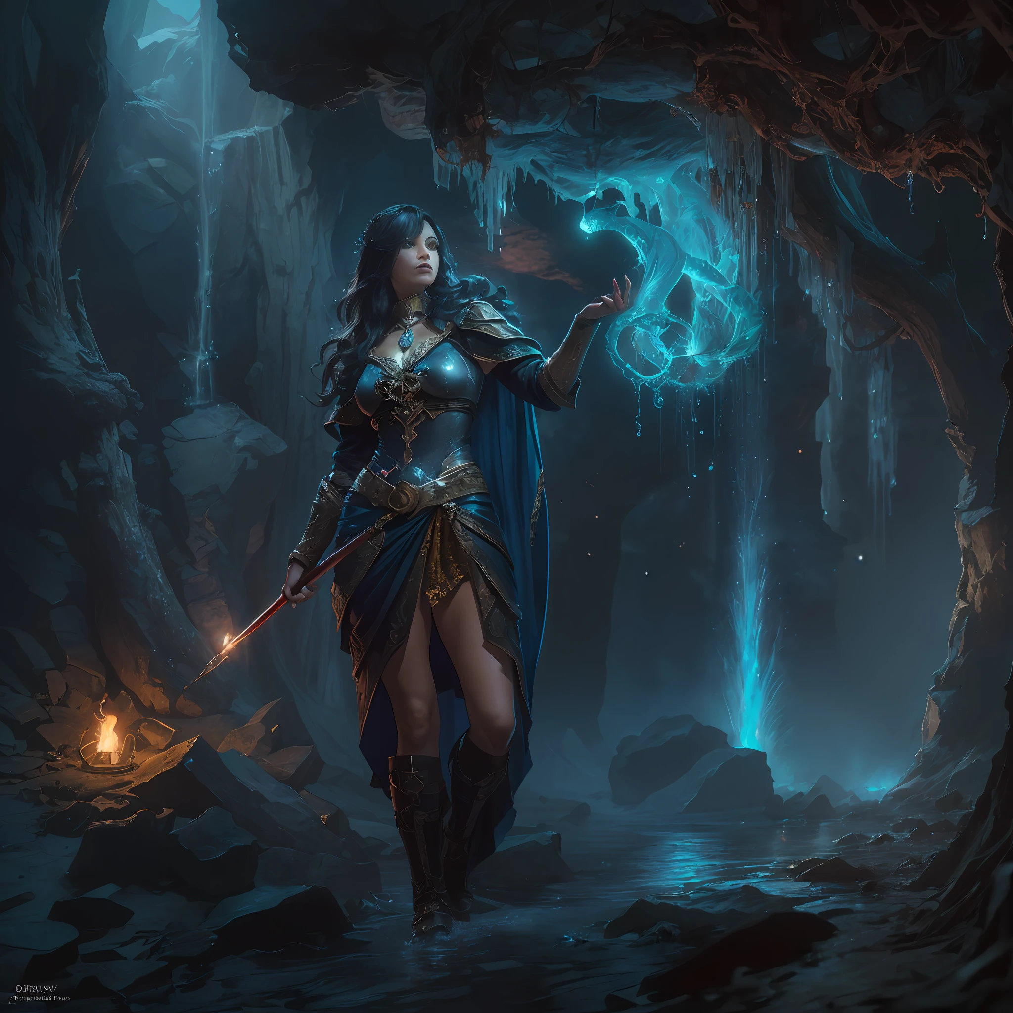 high details, best quality, 8k, [ultra detailed], masterpiece, best quality, (extremely detailed), ultra wide shot, photorealistic, fantasy art, dnd art, rpg art, realistic art, an ultra wide picture of human female (intense details, Masterpiece, best details: 1.5) in underground druid grove casting a spell, red magical light (intense details, Masterpiece, best details: 1.5), wearing leather armor (intense details, Masterpiece, best details: 1.5), wearing cloak (intense details, Masterpiece, best details: 1.5), wearing  boots, high heeled boots,  holy symbol, blue light from symbol, dynamic hair, intense eyes, dynamic eyes, D&D human female (intense details, Masterpiece, best details: 1.5), black hair, long hair, fantasy [underground] (intense details, Masterpiece, best details: 1.5), druid grove, water fall details, rich fantasy underground life details (intense details, Masterpiece, best details: 1.5) ,stone pillars (intense details, Masterpiece, best details: 1.5),  animals, water springs, soft light, phosphoric light. dynamic light (intense details, Masterpiece, best details: 1.5), fungi in the background, celestial background, ((divine worship atmosphere)), high details, best quality, highres, ultra wide angle