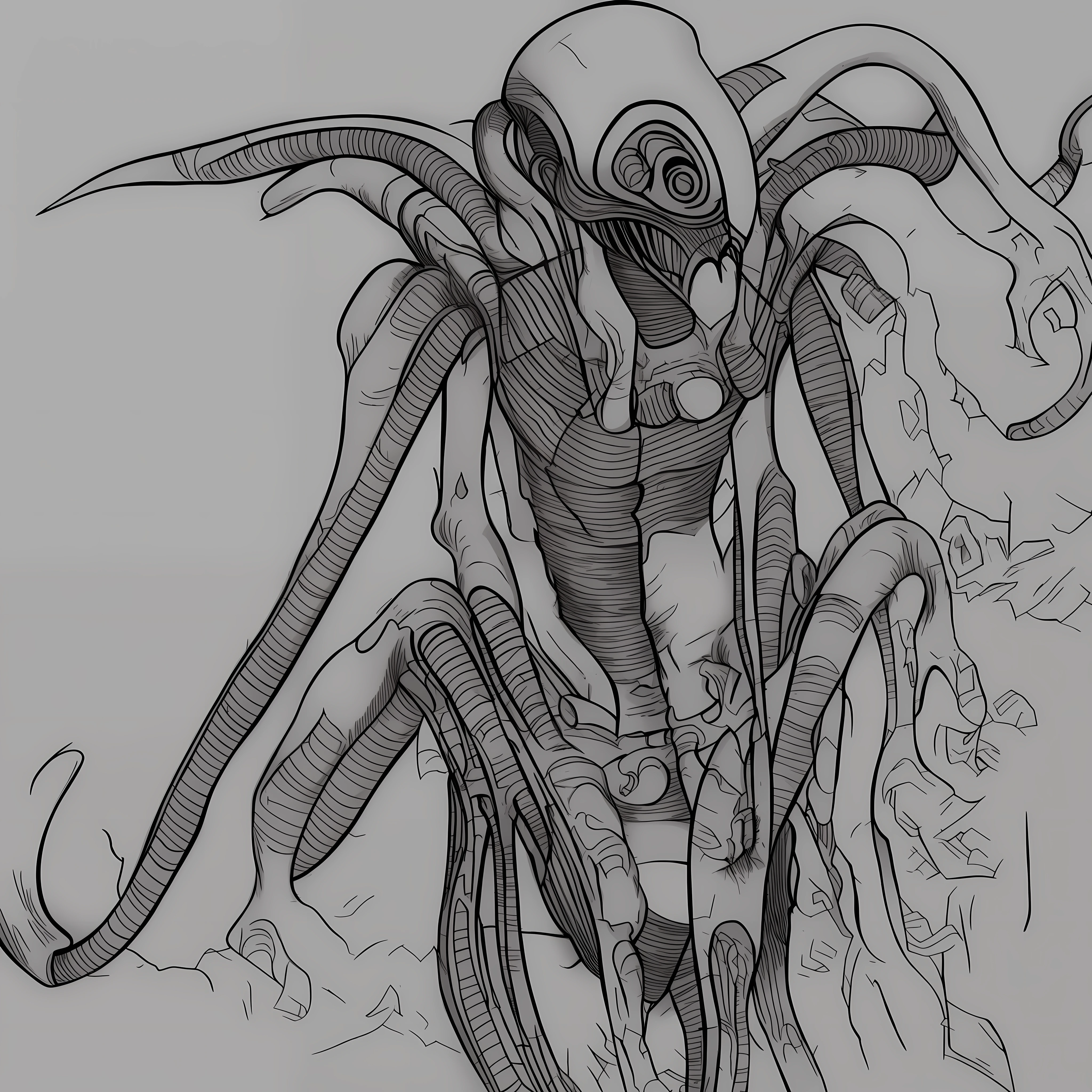 Half-human alien with pieces of his body detaching from the body corrupted by black magic of purple color comic style drawing