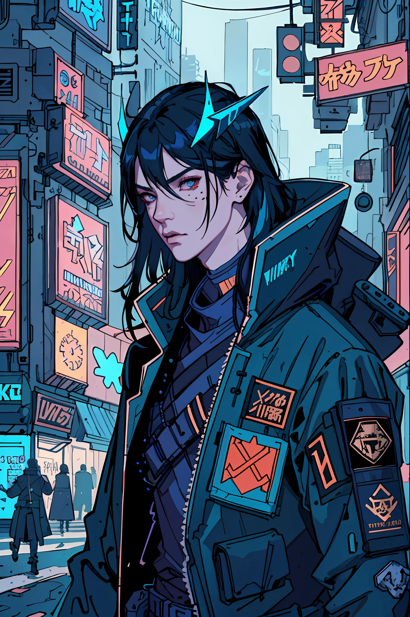 by josan gonzalez,masterpiece, (1man), (half body), tall young man, ((male focus)), tall mature guy, long black hair, neon blue horns, pale skin, scarlet eyes, moles, , sparks, particles,cyberpunk, cyborg, looking_at_viewer,, fortified suit,long black coat, black plugsuit, solo, standing, symmetrical eyes, eyeshadows, detailed face and eyes, dynamic lighting, cinematic lighting, volume lighting, ultra high resolution, cyberpunk, night cyberpunk city with neon lighting, futobot, modelshoot style, (extremely detailed CG unity 8k wallpaper), professional majestic oil painting by Ed Blinkey, Atey Ghailan, Studio Ghibli, by Jeremy Mann, Greg Manchess, Antonio Moro, trending on ArtStation, trending on CGSociety, Intricate, High Detail, Sharp focus, dramatic, photorealistic painting art by midjourney and greg rutkowski
