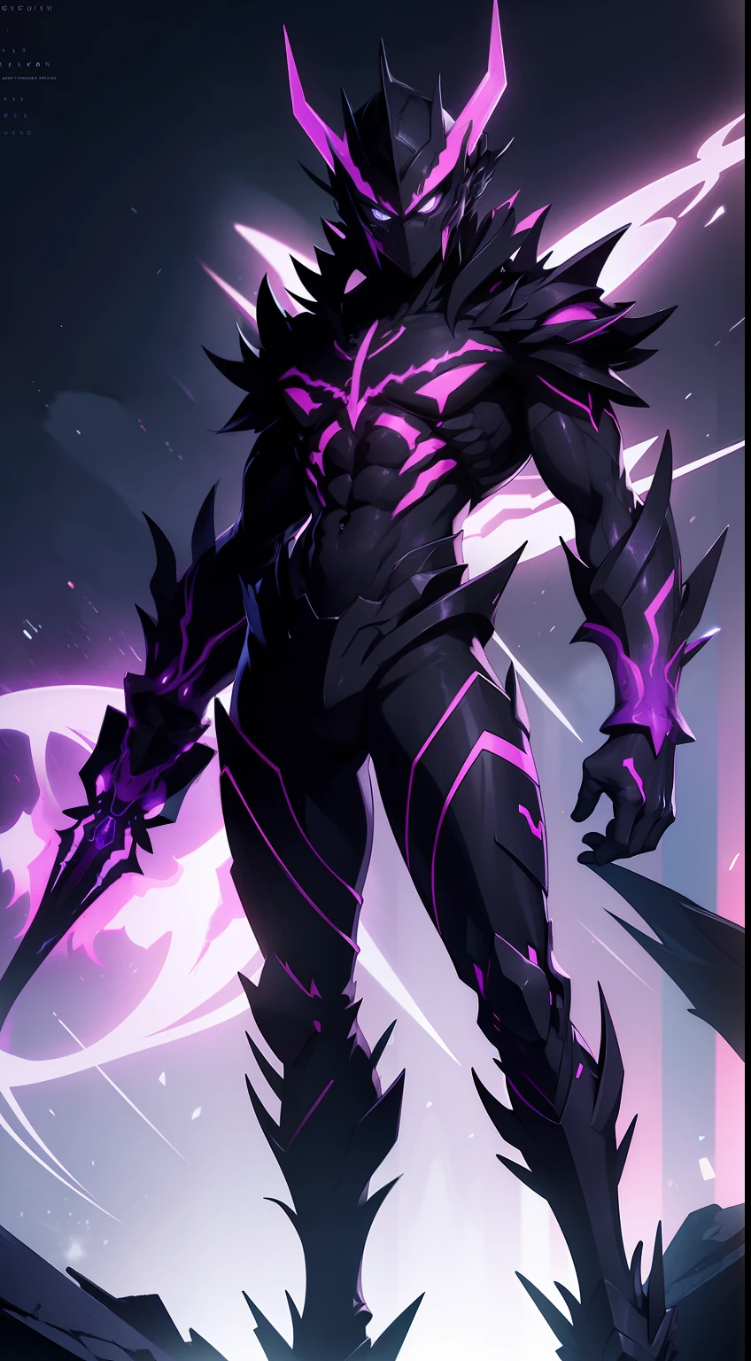 full black humanoid monster creature with purple neon details , anime style 2d, 4k