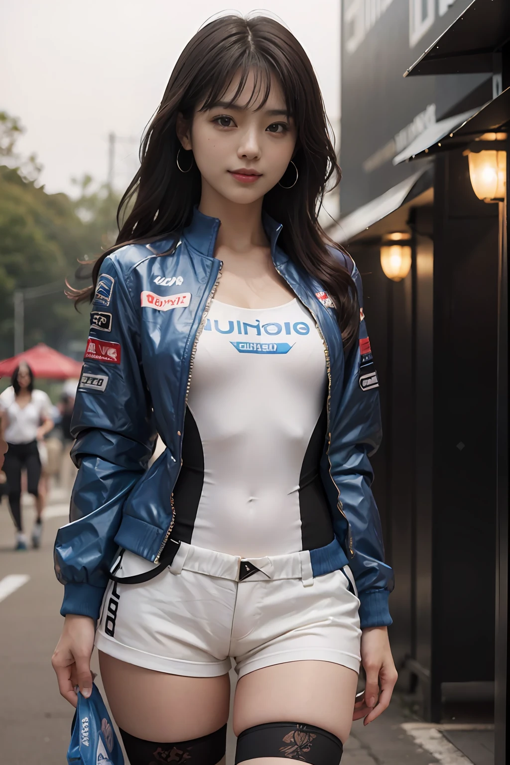 (realisitic, Realistis:1.37), (Masterpiece), (Best Quality:1.4), (The ultra-Highres:1.2),(Raw foto:1.2), (Sharp focus:1.3), (sface focus:1.2), graceful, upscale, (upper half body:1.2), (Extremely detailed CG unity 8k wallpaper:1.2), (Professional Photography Photography:1.5), (The ultra-detailliert:1.2), (high resolucion: 1.5), (beautiful skin: 1.2), (pale-skin:1.3), (hyper-sharp focus: 1.5), (ultra-sharp focu:1.5), (beautiful clean face:1.3), (ultra-detailed background, detailed background:1.3), Bokeh, Depth of field, break, Photo of extremely cute and beautiful Japanese woman, , (race queen), professionattire, (33yo:1.1), light smiling girl portrait, upper body image, When viewed from the front, the composition is symmetrical, (Magazine Photo Lighting:1.3), (Cinematic light:1.3), (Back lighting:1.3), (Professional photo lighting:1.3), (Rim Light:1.2), lighting full-covered her whole body, I look straight at you with serious eyes, Standing, Sexy model pose, break, (Chestnut Half Up Hair:1.2), deep-set brown eyes, beautidful eyes, princess eyes, mahogany hair, single hair, bangss, Slender, abs, (tits huge;1.35), (a narrow waist:1.15), Adults, (detailed beautiful girl:1.4), Best Quality, girls, Adults, (Detailed lace queen outfit:1.3), (Royal Blue Rubber Jacket, Small black details:1.3), (black high-waist shorts:1.3), (Beautiful sunset Daytona circuit view backdrop:1.2), (Embarrassing Laughter:1), (light grin smile:1.1), ((perfect female body)), (upper body image:1.3), frame the head, perfect anatomia, perfectly proportions, 8.5 life size, sface focus, ultrarealistic photo, hyper-sharp image, hyper detailed image,