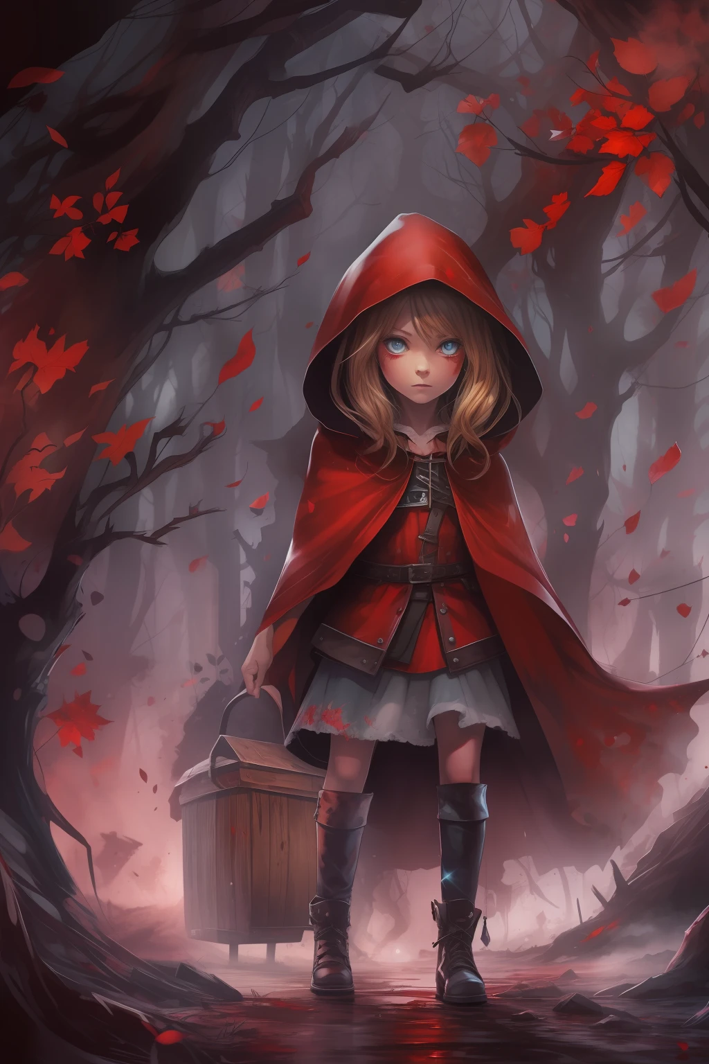 Splash art, alcohol ink, detailed portrait of a little red riding hood, dark fantasy, apocalypse street ambience, wide angle, digital illustration