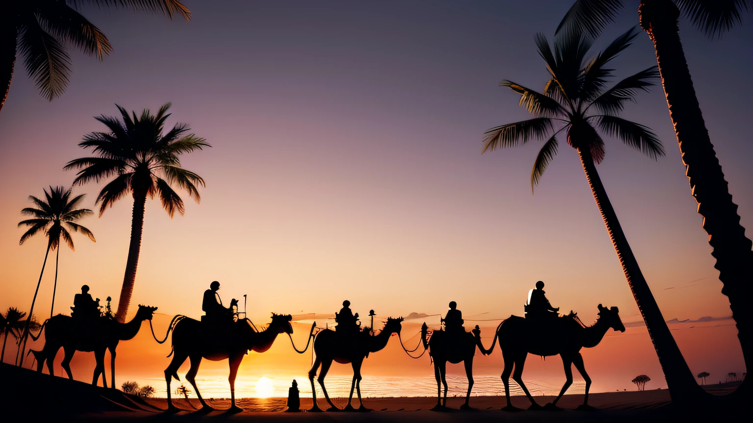 Camels resting under a palm tree, their silhouettes blending with the dusk.