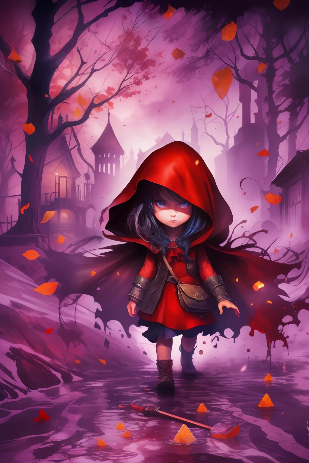 Splash art, alcohol ink, detailed portrait of a little red riding hood, dark fantasy, apocalypse street ambience, wide angle, digital illustration