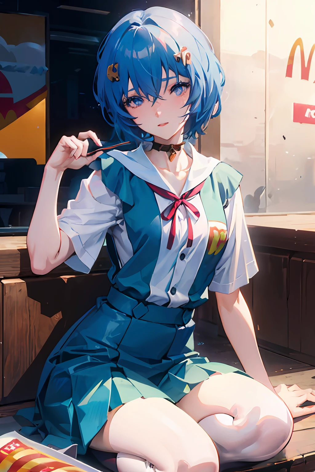 Hina Amano (Weathering With You), Mcdonalds, Blue eyes, Blue-ish hair, Mcdonalds uniform, Anime, Cute, with wink eyes, Beautiful, 4k, Makoto Shinkai anime art style.