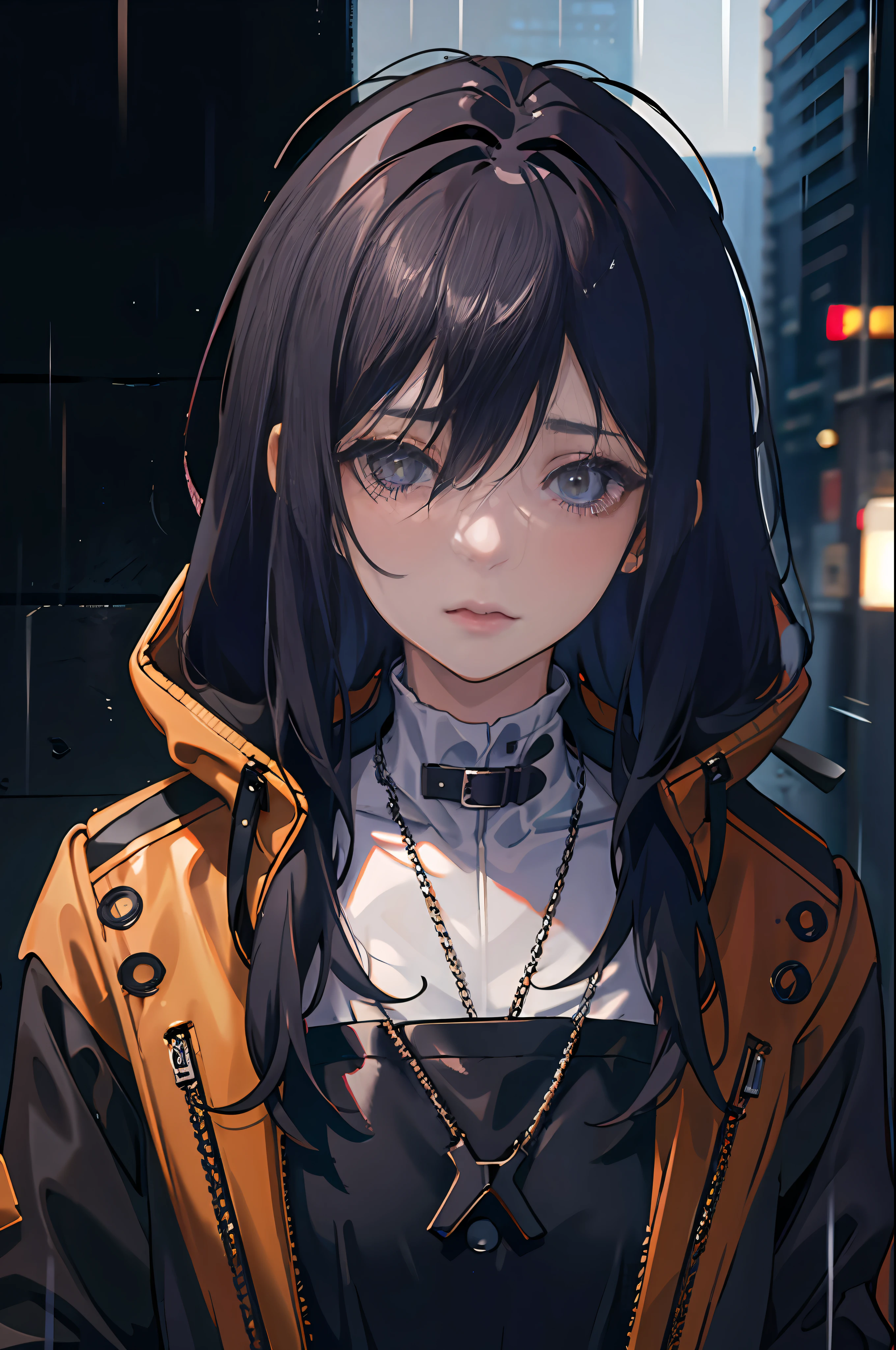 1girl, jacket, rain, outdoor, hoodie, open jacket, chain, backpack, looking at another, messy hair, trending on artstation, 8k resolution, highly detailed, anatomically correct, sharp image, digital painting, concept art, trending on pixiv, style of makoto shinkai,