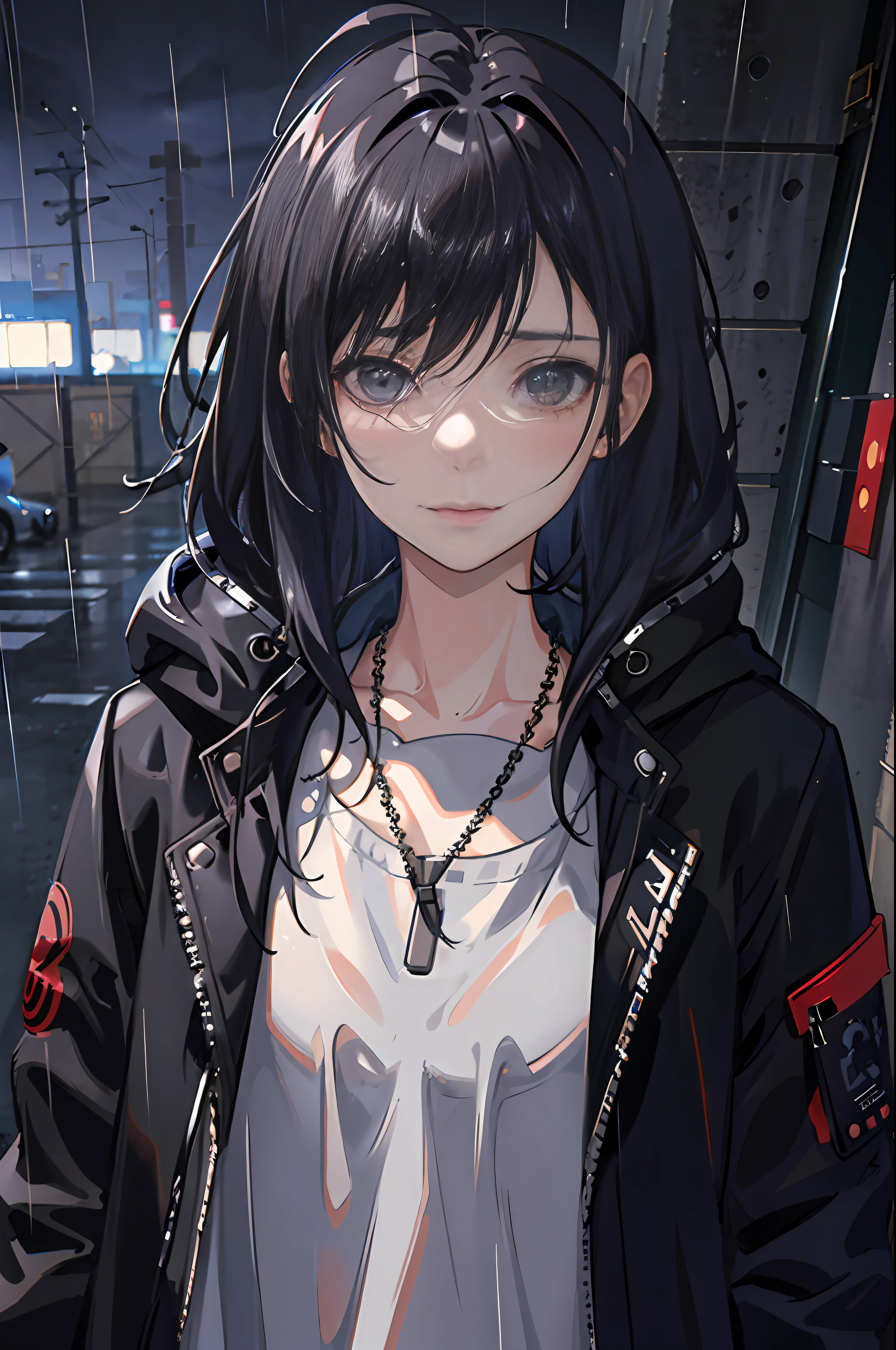 1girl, jacket, rain, outdoor, hoodie, open jacket, chain, backpack, looking at another, messy hair, trending on artstation, 8k resolution, highly detailed, anatomically correct, sharp image, digital painting, concept art, trending on pixiv, style of makoto shinkai,