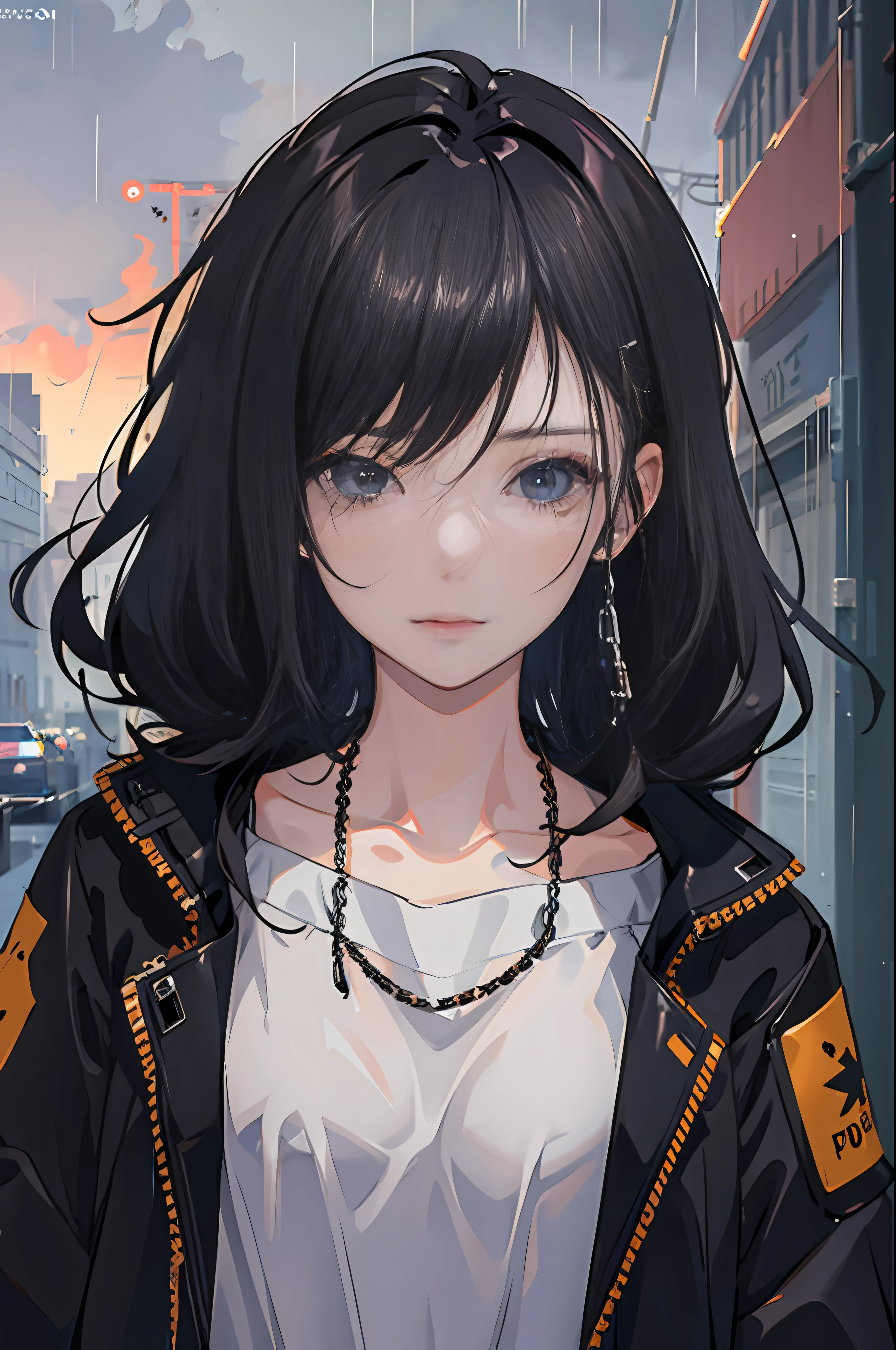 1girl, jacket, rain, outdoor, hoodie, open jacket, chain, backpack, looking at another, messy hair, trending on artstation, 8k resolution, highly detailed, anatomically correct, sharp image, digital painting, concept art, trending on pixiv, style of makoto shinkai,