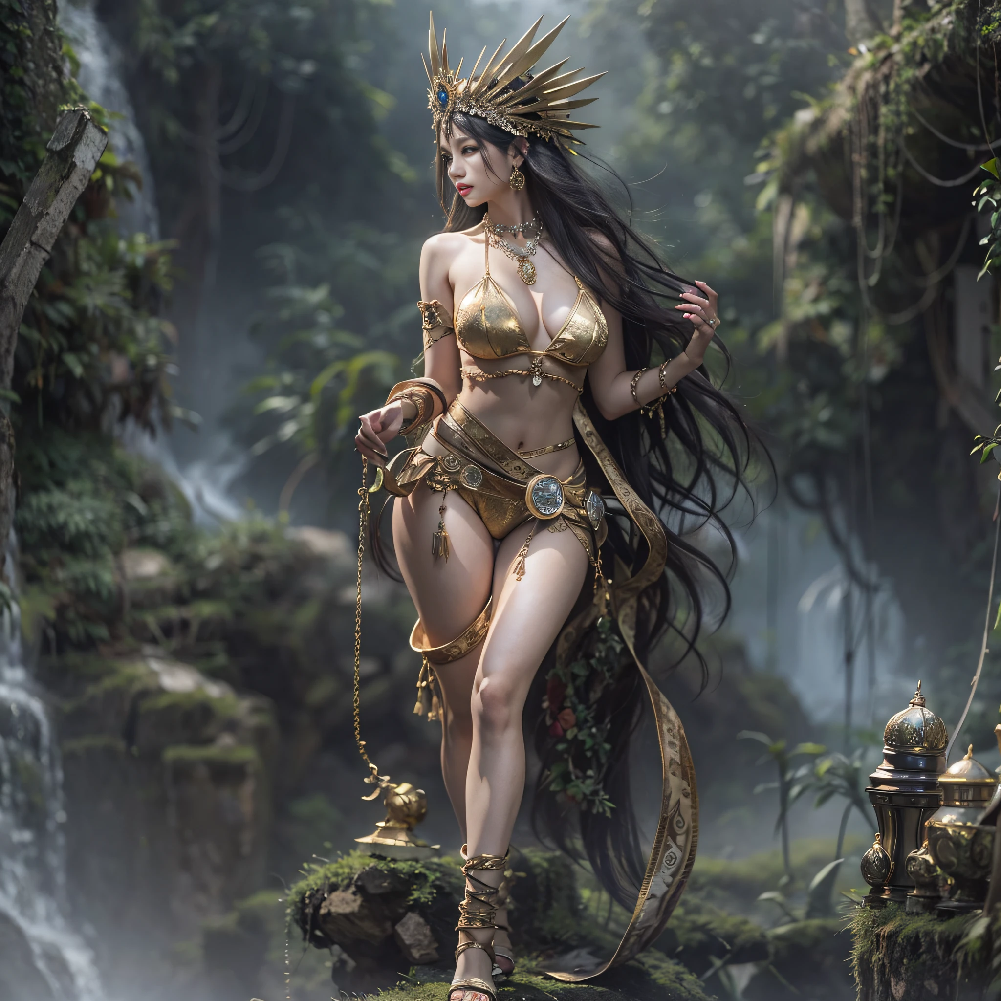 ((masterpiece)、(top-quality)、(reallistic))、beautiful queen:1.4、Bondage style、latex shiny、By Luis Royo:1.4、1girl in、Sexy Daughter、Attractive earrings with impressive beauty、a choker、a necklace、piercings、(Super beauty)、Super Ultra Ultra Bikini、standingn、fullllbody:1.4、(Beauty in return)、Fantastic mythological landscape
