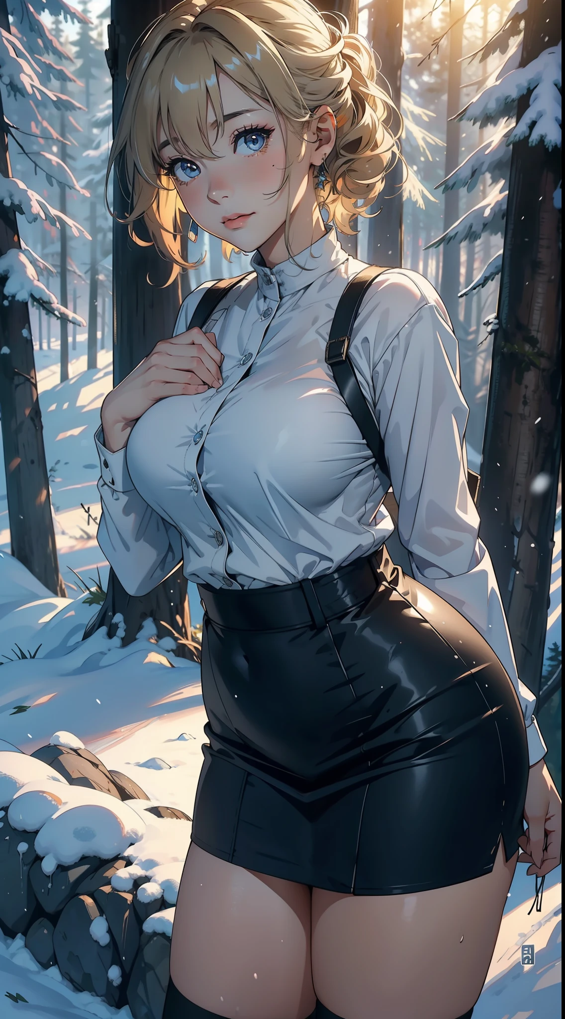 1female,45 yers old,Large breasts, 独奏,(Background with:coniferous forest,at winter season,Snow on the ground) She has short blonde hair, standing on your feet,Sweat profusely,drenched all over the body,From the front side, curlies, mostly cloudy sky,(((tmasterpiece),(Very detailed CG unity 8K wallpaper),best qualtiy,cinmatic lighting,detailed back ground,beatiful detailed eyes,Bright pupils,(Very fine and beautiful),(Beautiful and detailed eye description),ultra - detailed,tmasterpiece,)),facing at camera,A high resolution,ultra - detailed),teachers,blackstockings