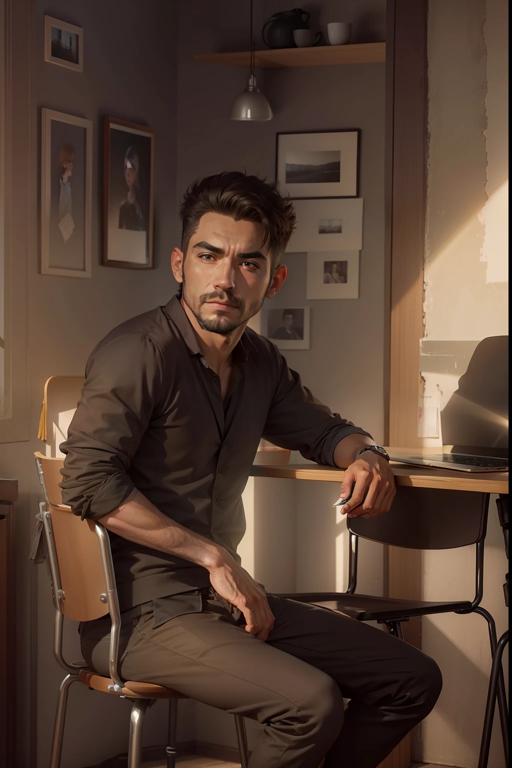 A man sitting on the chair with a laptop and coffee on the table and add some photo frames in background wall,potrait,8k ultra