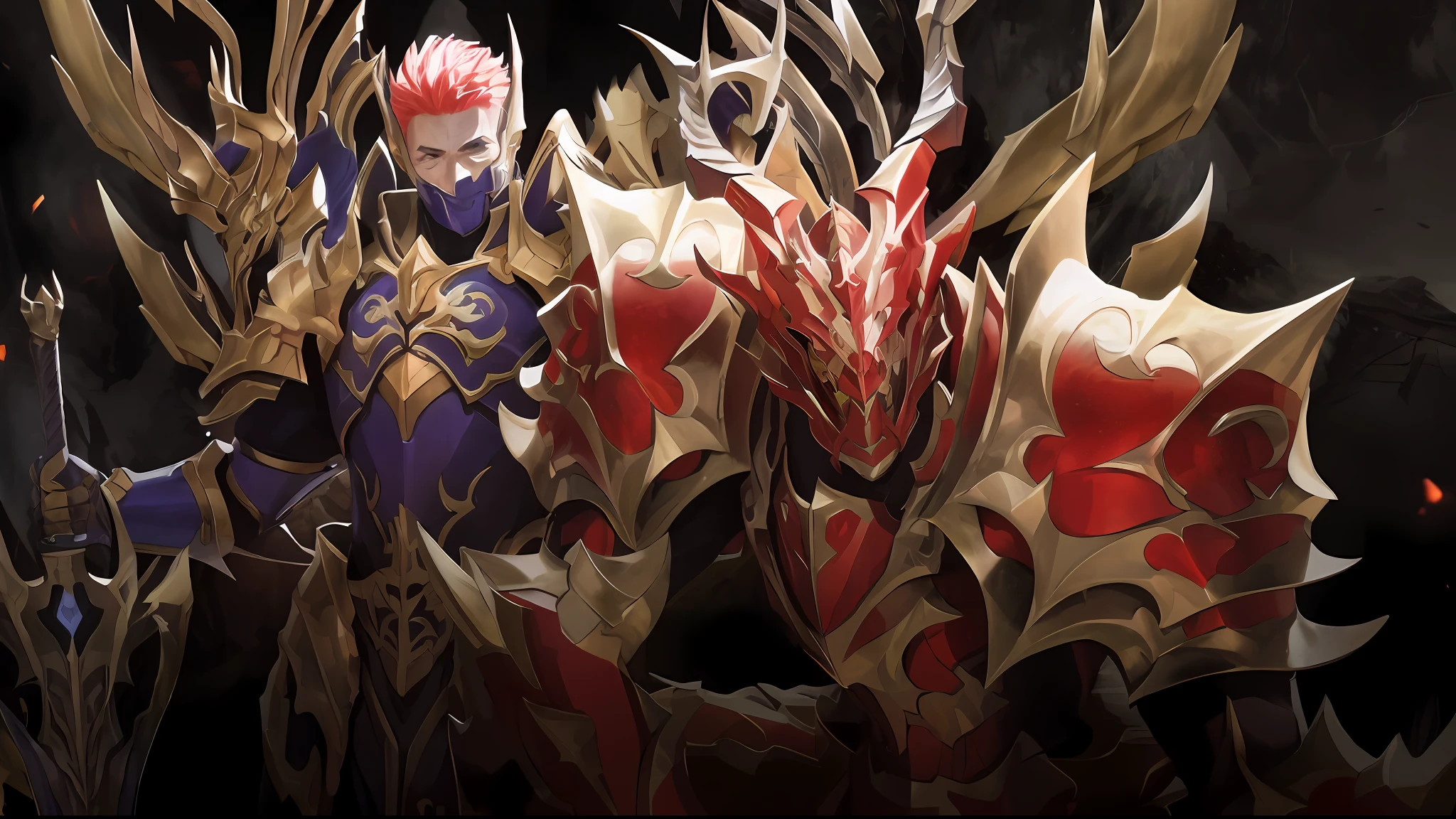 There are two men in armor next to each other, Dragon Knight, Yiqiang e Shurakrgt, draconic looking armor, Dragon armor, 8k hd wallpaperjpeg artefato, 8 K HD WallpaperArtefato jpeg, da linhagem 2, red demon armor, demonic dragon inspired armor, Retrato de Dragoon