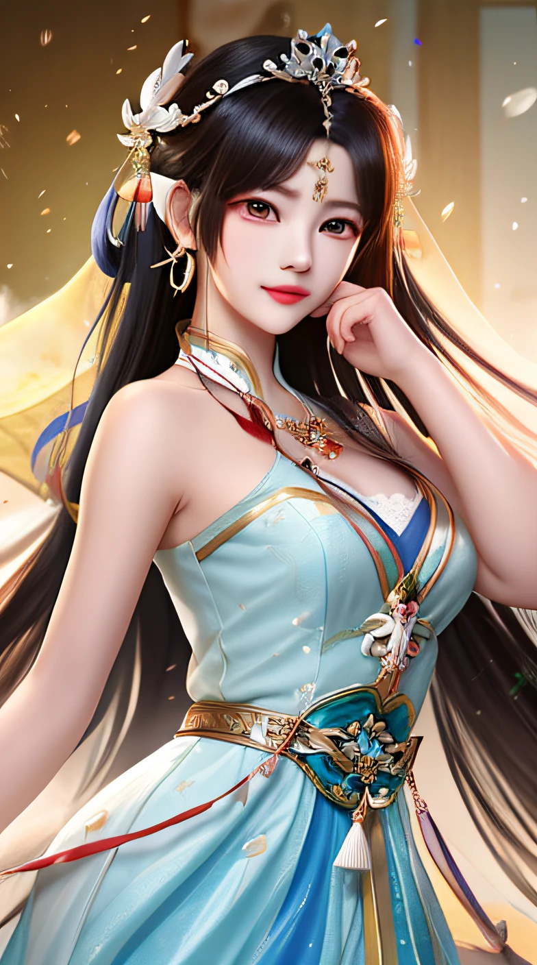 Anime girl wearing blue dress,Long hair and crowns, by Yang J, author:Qu Leilei, Yun Ling, Inspired by Lan Ying, shaxi, author:Fan Qi, queen of the sea mu yanling, ! Dream Artgerm, full-body xianxia, inspired by Du Qiong, Anime goddess, G Liulian art style