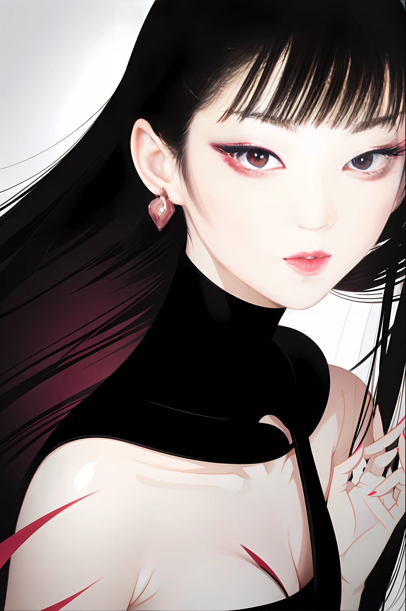 tsuruta ichiro, Narrow-eyed, 1girl in, Allback、deadpan、short-hair、shorth hair、brow、Reluctance、A dark-haired、Tucked Hair Solo, Cowgirl, Onepiece, ((mideum breasts)), Thin slit eyes、Black eyes, Light shines on the eyes、Black hair, gloves, Dress, Luxurious Jewelry, earrings, sharp eye、 elbow groves,Raise your hands and tie your hair back, random color, random color dress, Makeup for long eyes, Slender eyes、lip stick, Complex petal pattern, Rim Light, Back Light, pastel color,Studio Lighting