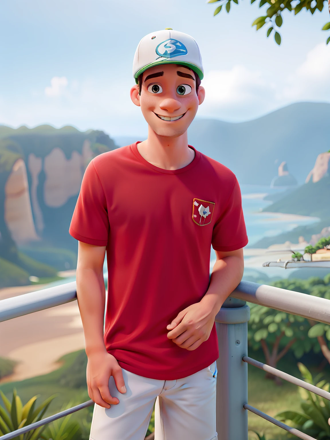 um jovem bonito, aproximadamente 20 anos roupas apertadas, cabelo castanho, backward cap in white color in ultra definition, pele clara, in high definition, estilo cartoon, Pixar, Disney, olhos castanhos, Pixar style red shirt in high definition high definition, 8k, estilo pixar, Disney in Ultra Definition, ao fundo a praia, with forest mountains in high definition