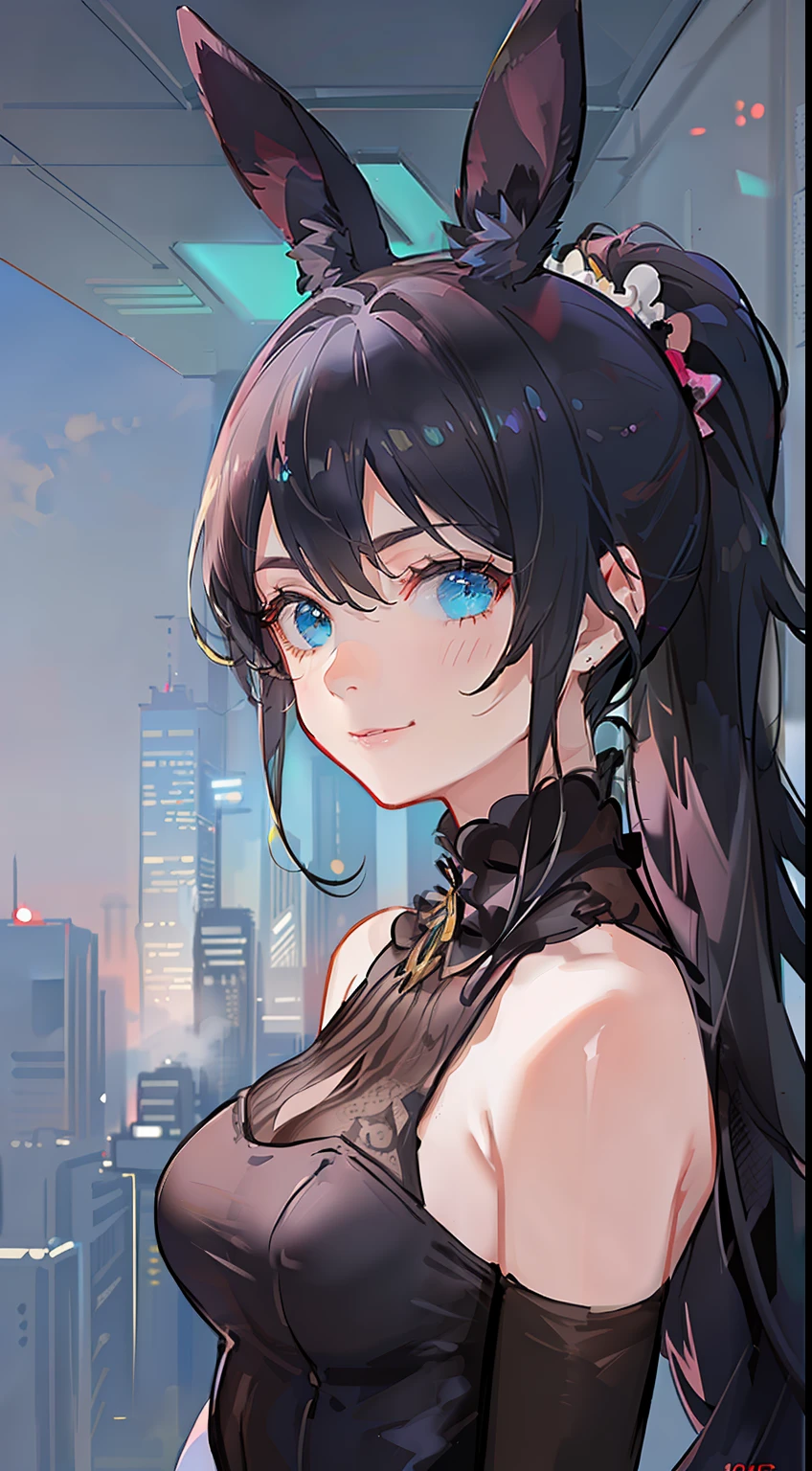 Adult woman, Long black hair, high ponytail, bunny ears, turquoise eyes, Black tight top, ssmile, Masterpiece, hiquality