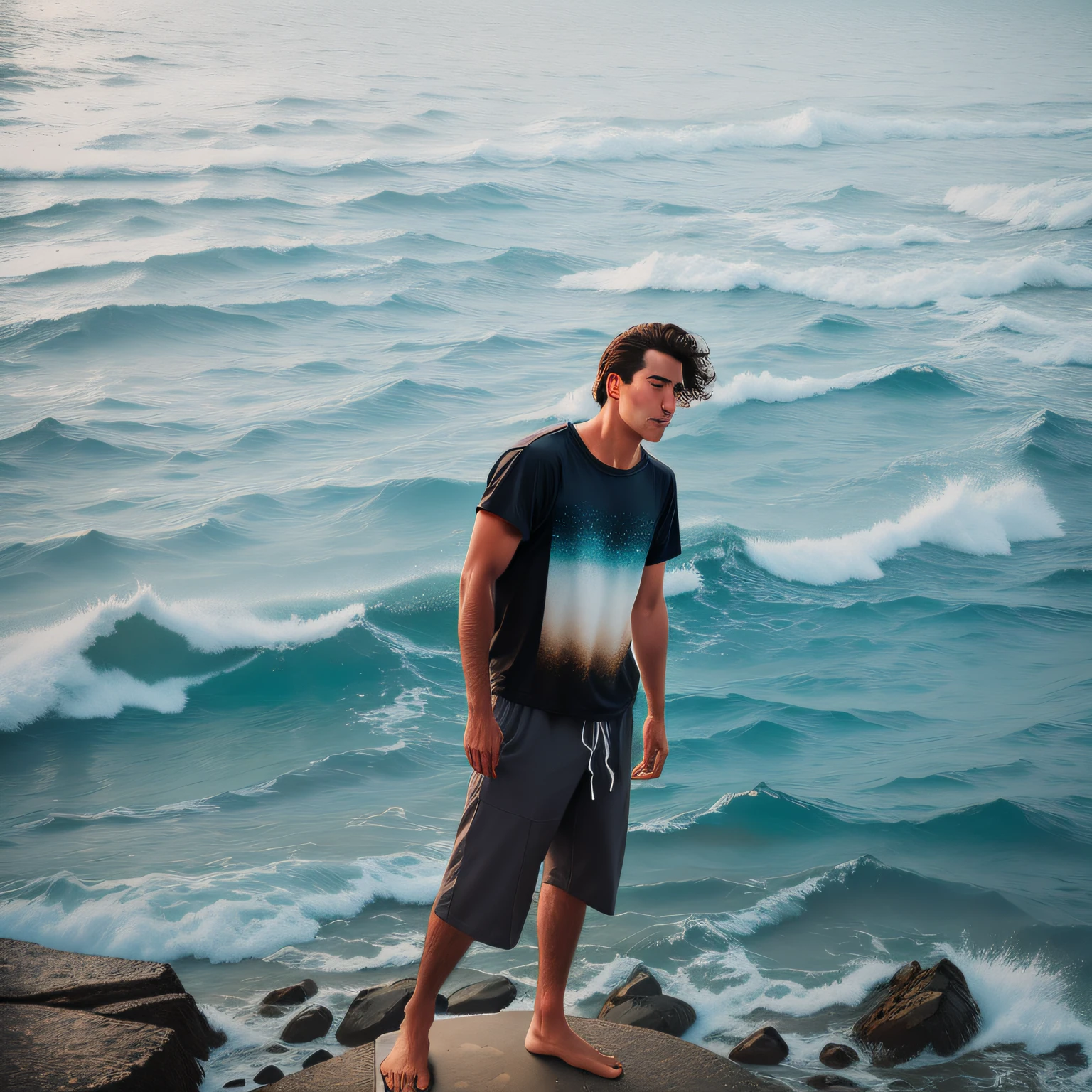 there is a man standing on a rock by the water, standing beside the ocean, on the ocean water, at the sea, ocean in the background, the ocean in the background, standing next to water, on the ocean, standing at the beach, standing near the beach, on the sea, standing on a rock, near a jetty, near the sea