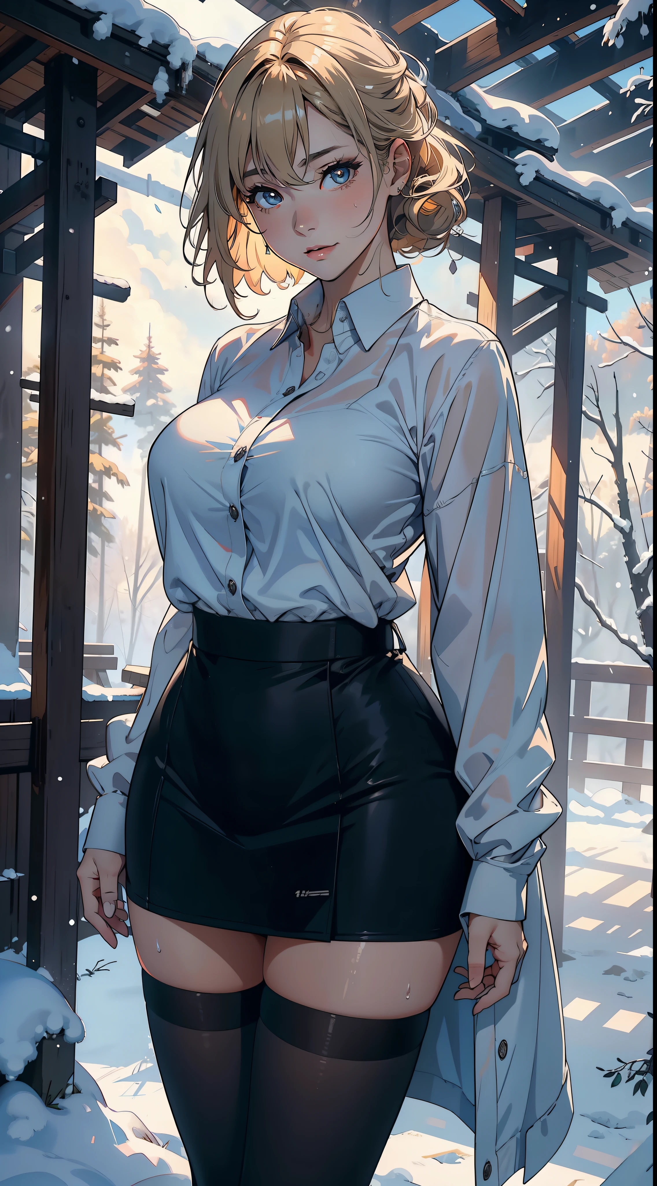 1female，45 yers old，Large breasts， 独奏，（Background with：coniferous forest，at winter season，Snow on the ground）  She has short blonde hair， standing on your feet，Sweat profusely，drenched all over the body，From the front side， curlies， mostly cloudy sky，（（（tmasterpiece），（Very detailed CG unity 8K wallpaper），best qualtiy，cinmatic lighting，detailed back ground，beatiful detailed eyes，Bright pupils，（Very fine and beautiful），（Beautiful and detailed eye description），ultra - detailed，tmasterpiece，）），facing at camera，A high resolution，ultra - detailed），teachers，blackstockings