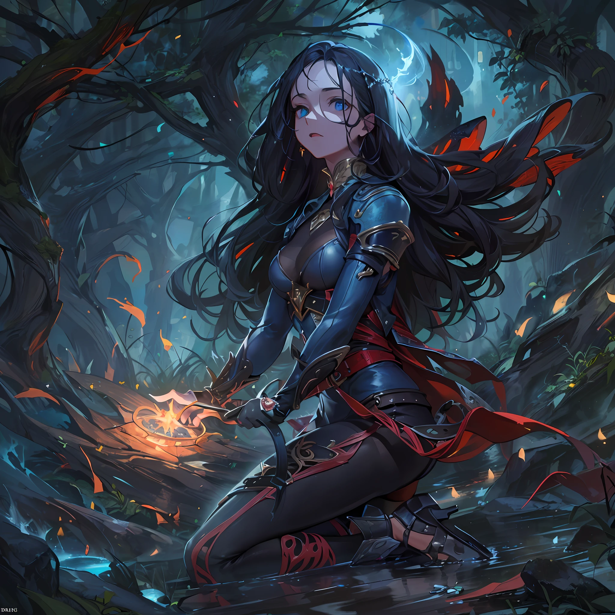 high details, best quality, 8k, [ultra detailed], masterpiece, best quality, (extremely detailed), ultra wide shot, photorealistic, fantasy art, dnd art, rpg art, realistic art, an ultra wide picture of human female (intense details, Masterpiece, best details: 1.5) in underground druid grove casting a spell, red magical light (intense details, Masterpiece, best details: 1.5), wearing leather armor (intense details, Masterpiece, best details: 1.5), wearing cloak (intense details, Masterpiece, best details: 1.5), wearing  boots, high heeled boots,  holy symbol, blue light from symbol, dynamic hair, intense eyes, dynamic eyes, D&D human female (intense details, Masterpiece, best details: 1.5), black hair, long hair, fantasy [underground] (intense details, Masterpiece, best details: 1.5), druid grove, water fall details, rich fantasy underground life details (intense details, Masterpiece, best details: 1.5) ,stone pillars (intense details, Masterpiece, best details: 1.5),  animals, water springs, soft light, phosphoric light. dynamic light (intense details, Masterpiece, best details: 1.5), fungi in the background, celestial background, ((divine worship atmosphere)), high details, best quality, highres, ultra wide angle
