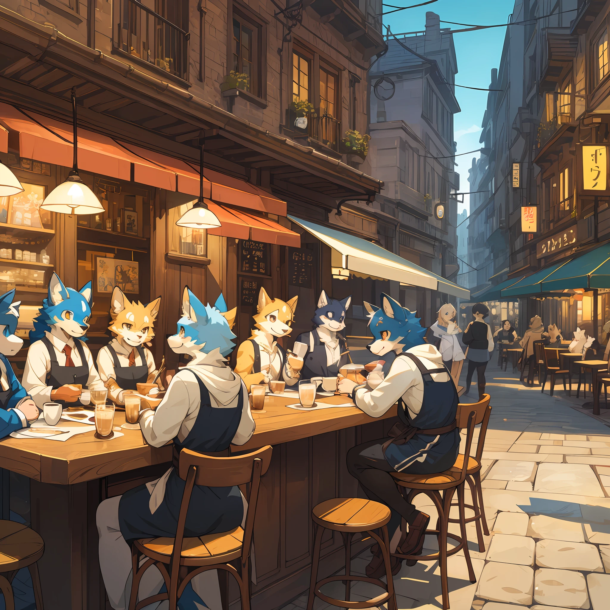 top quality, best quality, High-quality illustrations, masterpiece, super high resolution, detailed background, detailed background, cafe, Terrace, drink, coffee, staff, 6+boys, 6+girls, absurdres(highly detailed beautiful face and eyes)perfect anatomy, expression, good lighting, cinematic shadow(kemono, furry anthro),