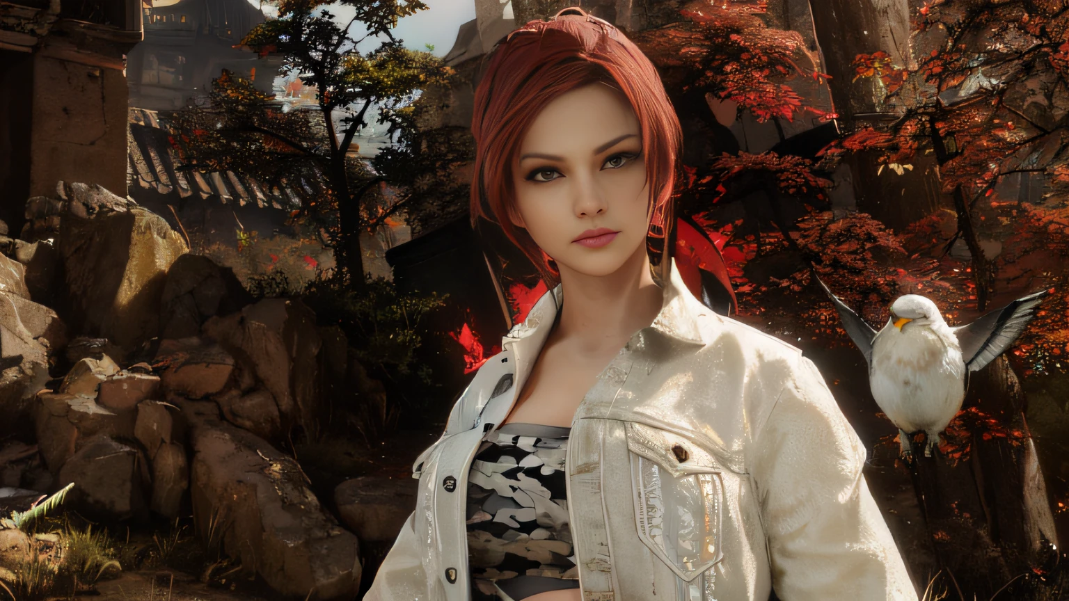 In front of the stone wall stands a woman with a bird, Square Enix Style of Play, Dead or Alive 6, New character, As a character in Tekken, 8 thousand. Character Details, hints of yayoi kasuma, Screenshot of the mod gameplay, Female Character, game cg, highly detailed character, yayoi kasuma, fighting game character