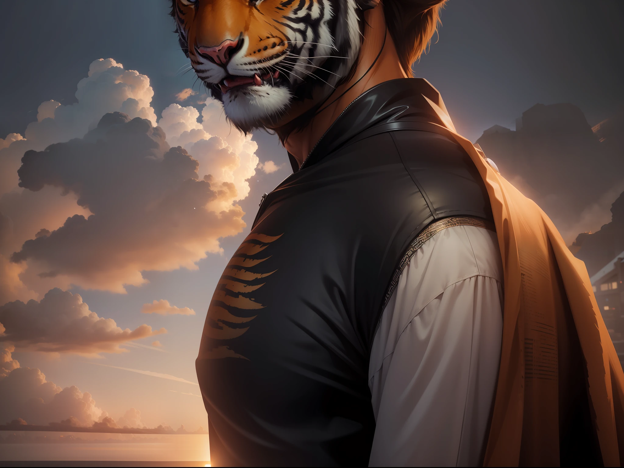 Make full body , sci fi background with attached face , ship , horar tiger , handsome ,  8k picture realistic, realistic face
