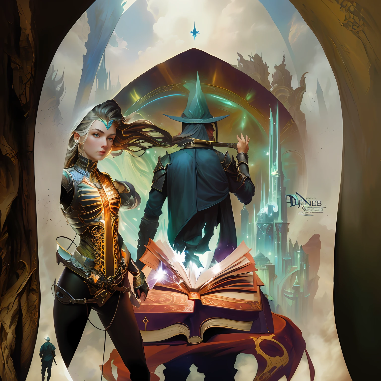 Da steht eine Frau neben einem Mann mit einem Buch, Fantasy-Buchillustration, Fantasy-RPG-Buchillustration, Fantasy-Buchcover-Malerei, Fantasy Genre Portrait, Fantasy RPG Symmetrical Portrait, Donato Giancola und Tom Bagshaw, High-Fantasy-Illustration, DND-Cover-Art, Jessica Rossier und Brian Froud, Kunstwerk der Borne Space Library, stilisiertes Urban-Fantasy-Kunstwerk