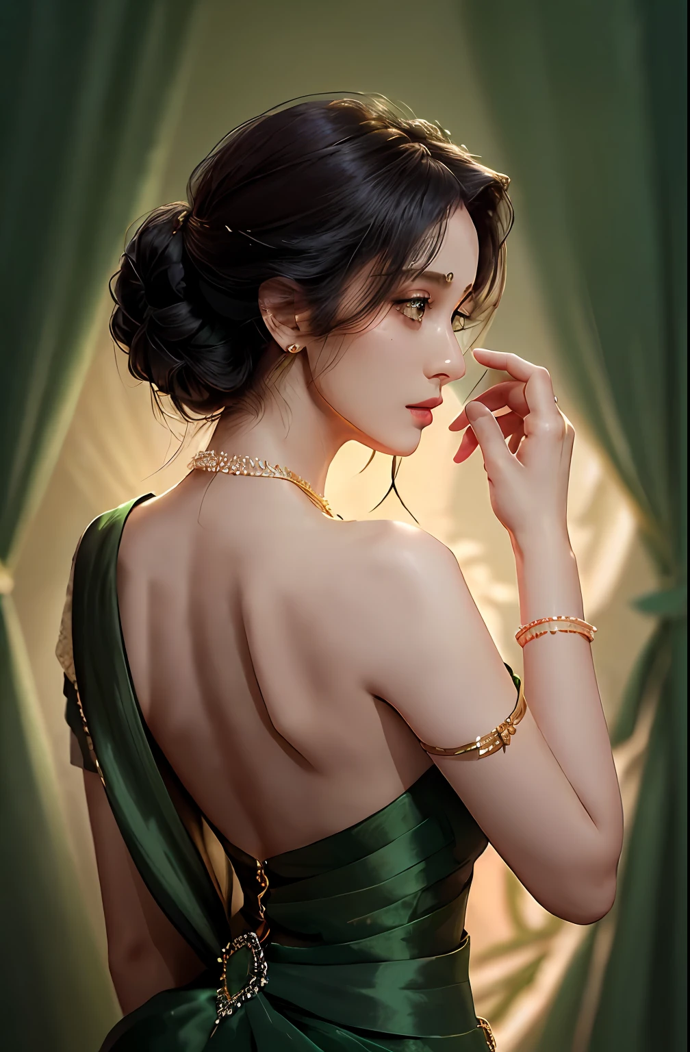 anusha in green dress posing for a photo, showing her shoulder from back, elegant profile pose, looking her shoulder, profile pose, doing an elegant pose, side pose, back pose, actress, from the back, stunning elegant pose, posed in profile, side profile shot, candid!! dark background, profile posing, stylish pose, glamorous pose, side - view