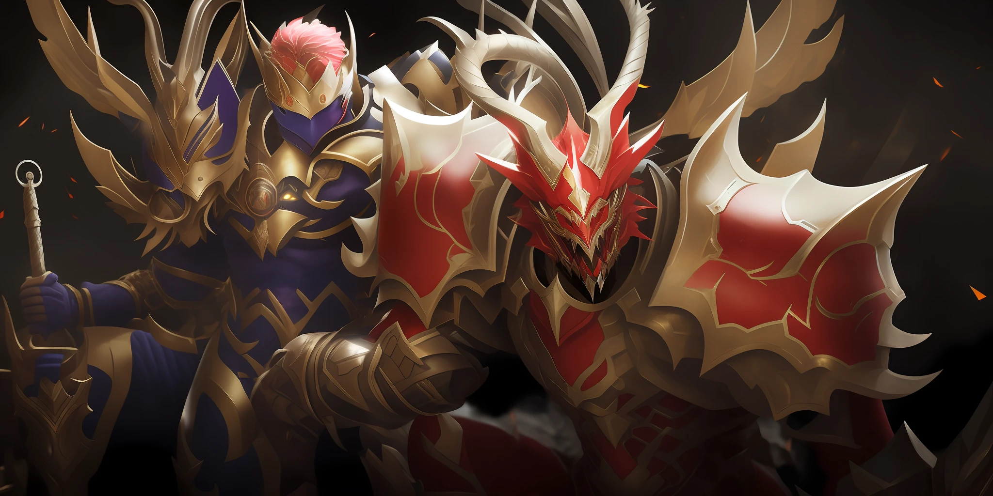 There are two men in armor next to each other, Dragon Knight, Yiqiang e Shurakrgt, draconic looking armor, Dragon armor, 8k hd wallpaperjpeg artefato, 8 K HD WallpaperArtefato jpeg, da linhagem 2, red demon armor, demonic dragon inspired armor, Retrato de Dragoon, brilho