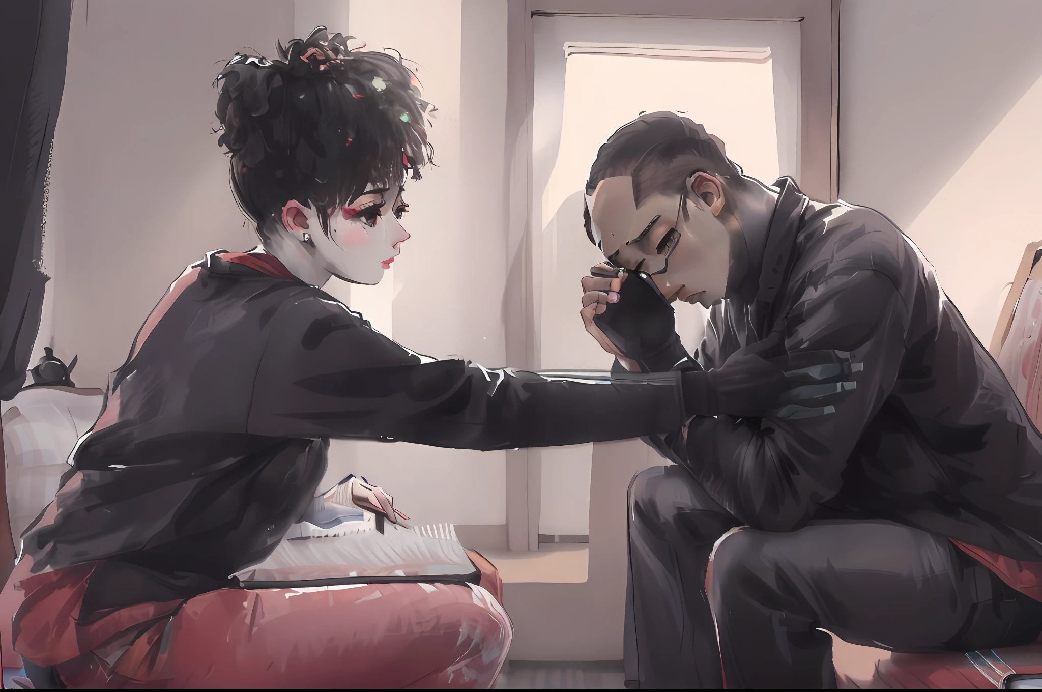 Uma cena que retrate um casal negro de pessoa ajudando outra em um momento de dificuldade
