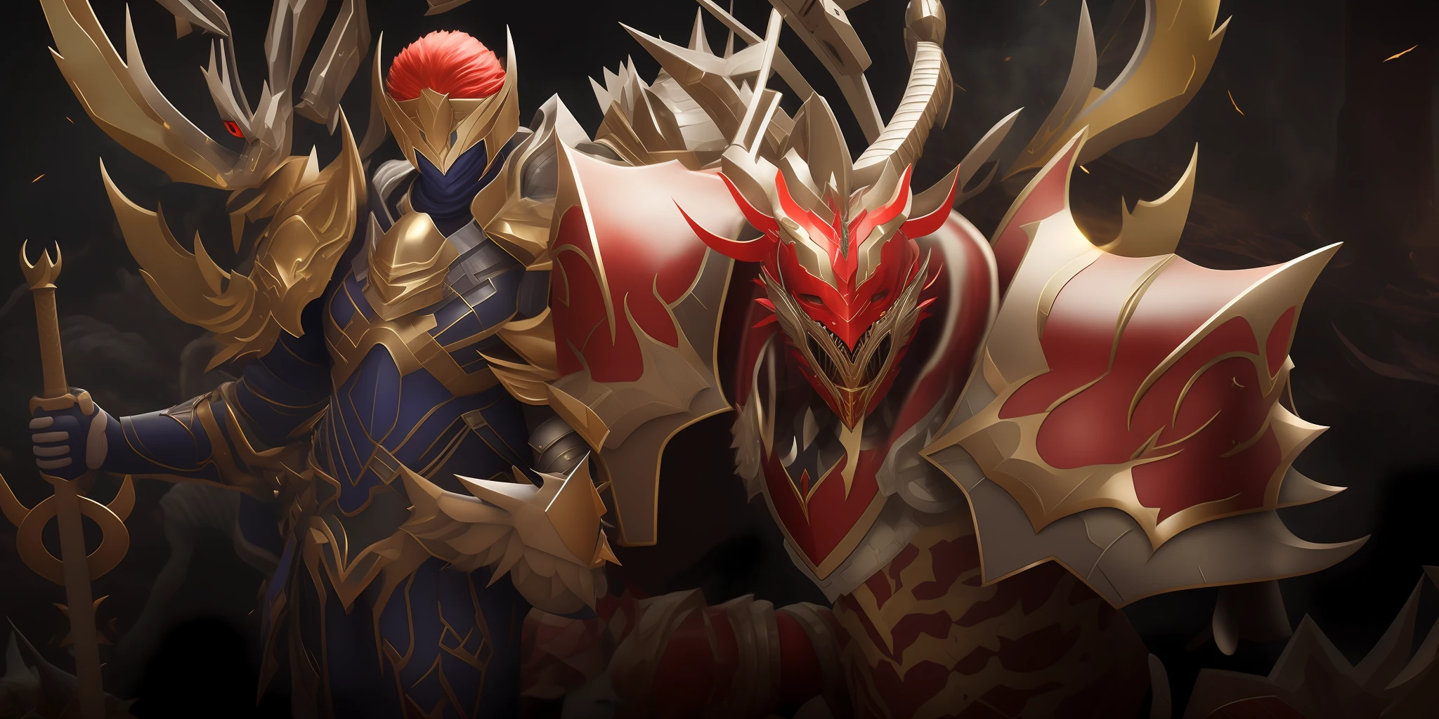 There are two men in armor next to each other, Dragon Knight, Yiqiang e Shurakrgt, draconic looking armor, Dragon armor, 8k hd wallpaperjpeg artefato, 8 K HD WallpaperArtefato jpeg, da linhagem 2, red demon armor, demonic dragon inspired armor, Retrato de Dragoon, brilho