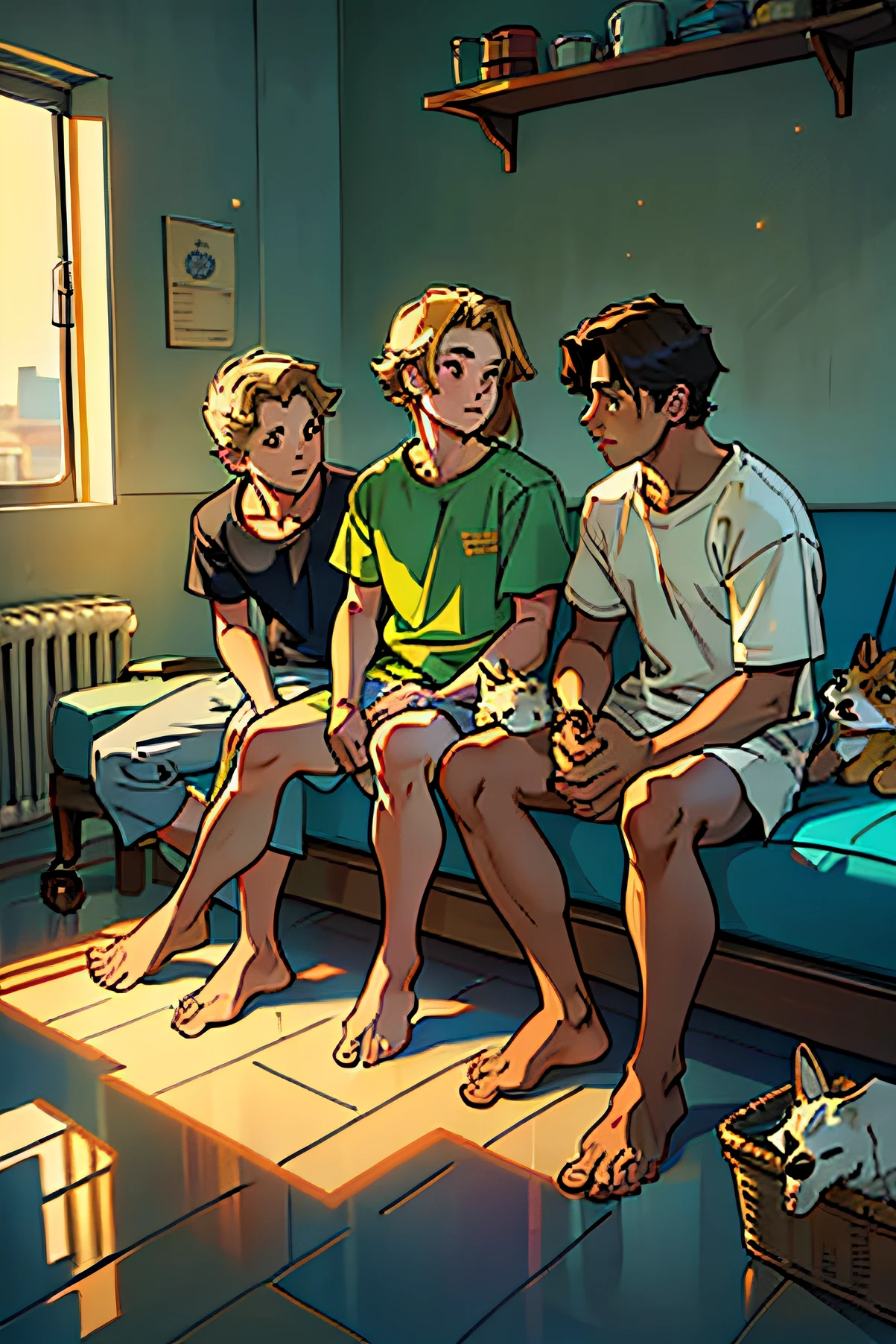 three boys out of 7, 10 e 13 anos conversando com um adolescente de anos que seria o Jesus. Na cena temos um cachorro golden retriever brincando