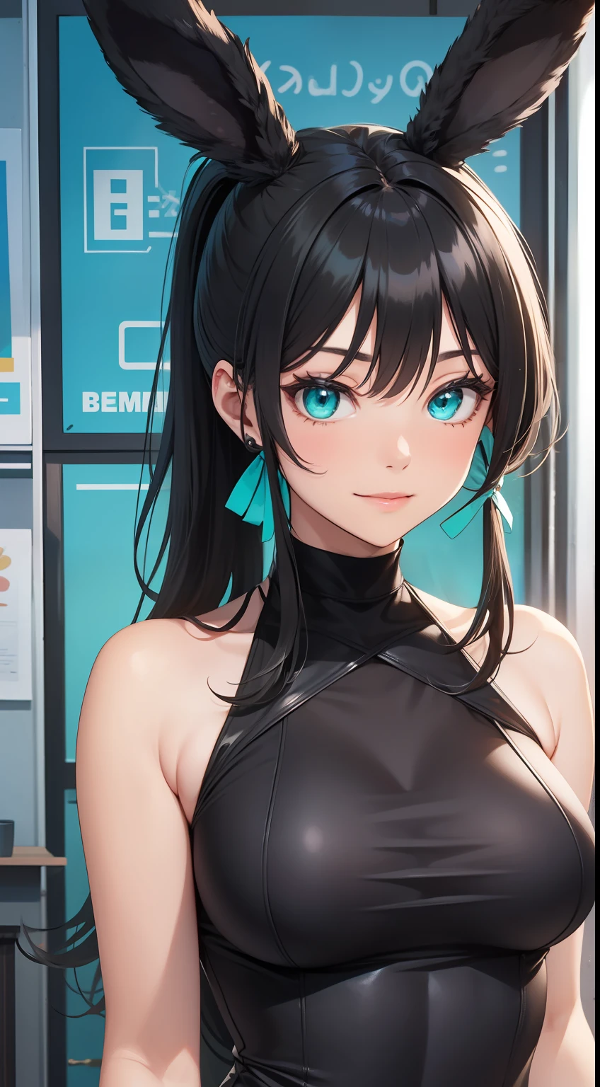 Adult woman, Long black hair, high ponytail, bunny ears, turquoise eyes, Black tight top, ssmile, Masterpiece, hiquality